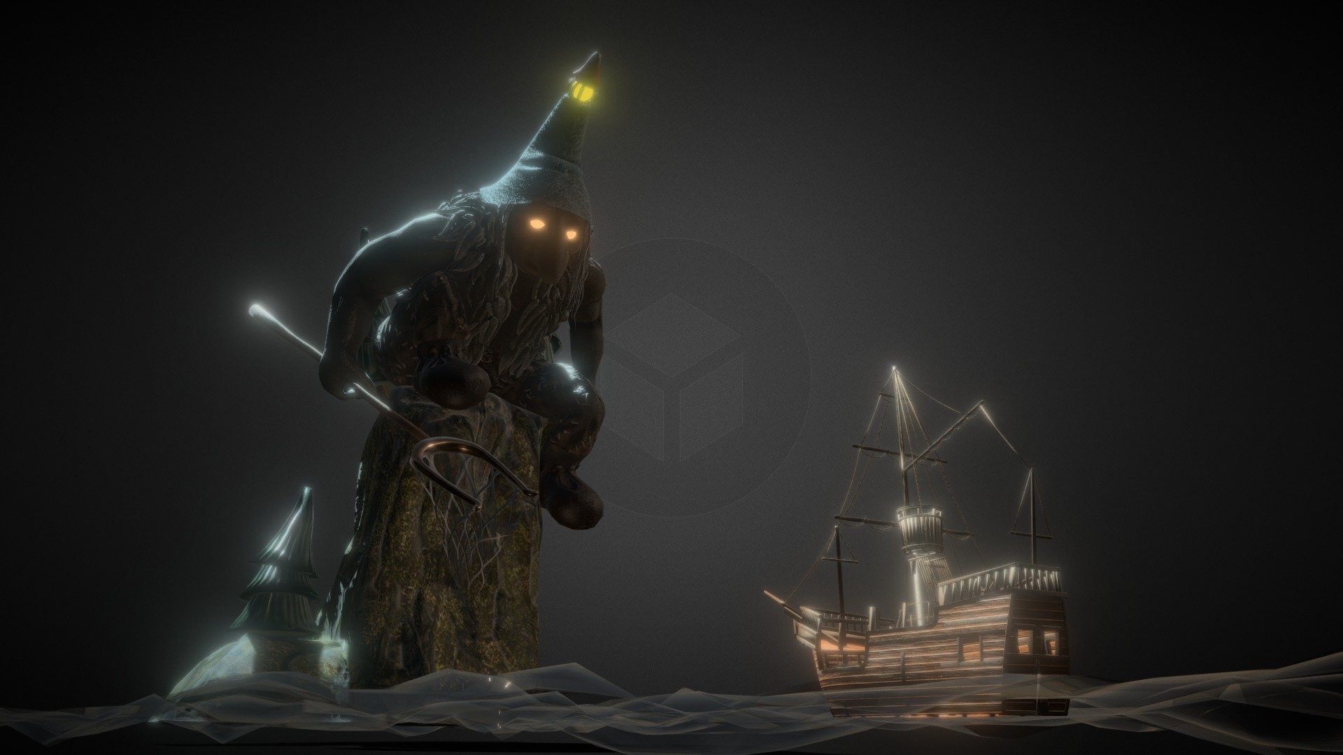 The insidious troll, pretending to be a lighthouse, lures gullible ships 3d model