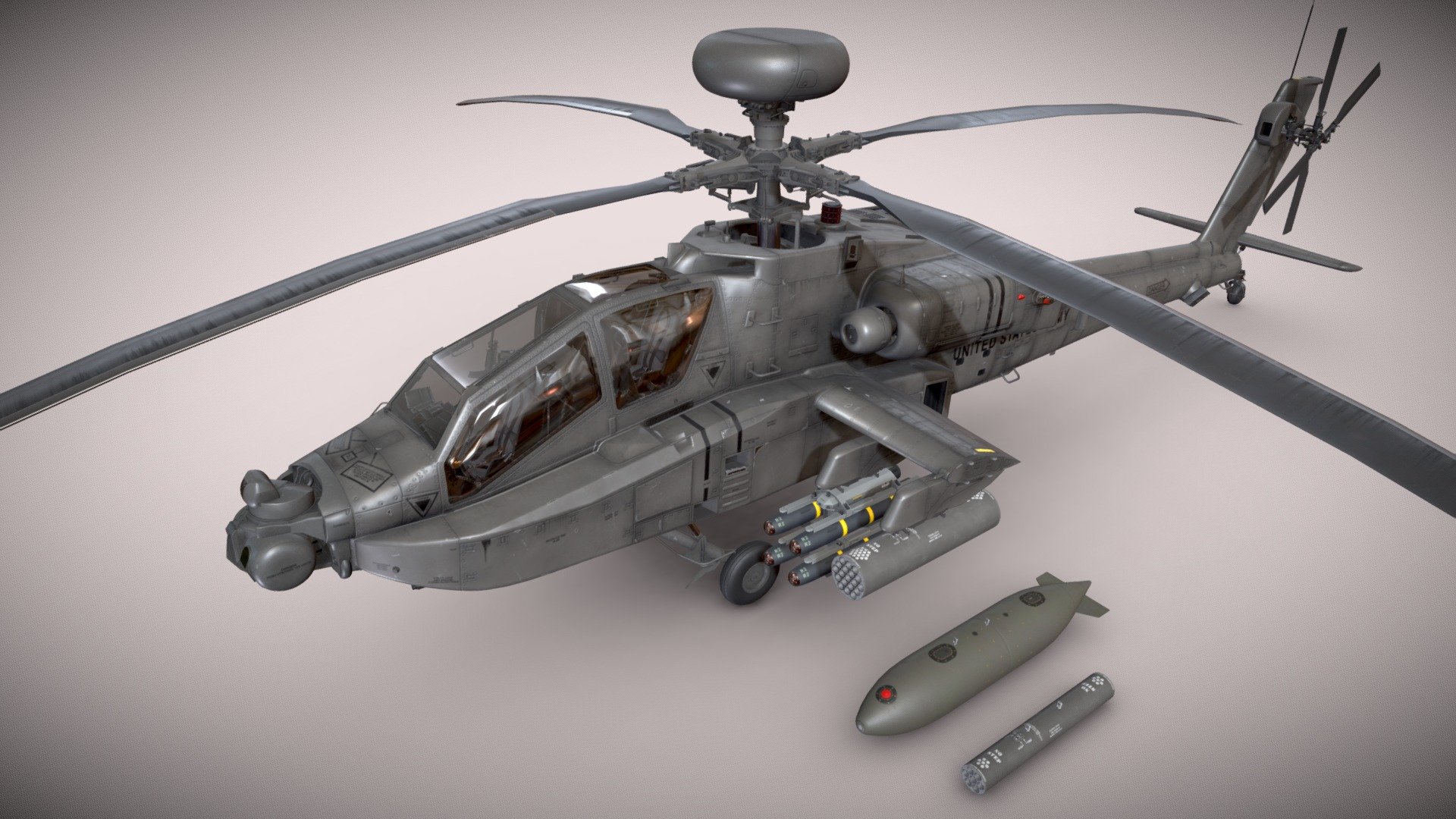 Helicopter Apache AH-64D U.S. Army  Static


Basic and Complex Animation versions are available as seperate models (see my profile models)


File formats: 3ds Max 2021, FBX, Unity 2021.3.5f1


Weapon:


* - External Fuel Tank 

* - Launcher M-260 with Hydra 70 missiles 

* - Launcher M-261 with Hydra 70 missiles 

* - Hellfire launcher and missiles 

* - M230 chain gun 


This model contains PNG textures(4096x4096):


-Base Color

-Metallness

-Roughness


-Diffuse

-Glossiness

-Specular


-Emission

-Normal

-Ambient Occlusion
 - Apache AH-64D U.S. Army Static - Buy Royalty Free 3D model by pukamakara 3d model