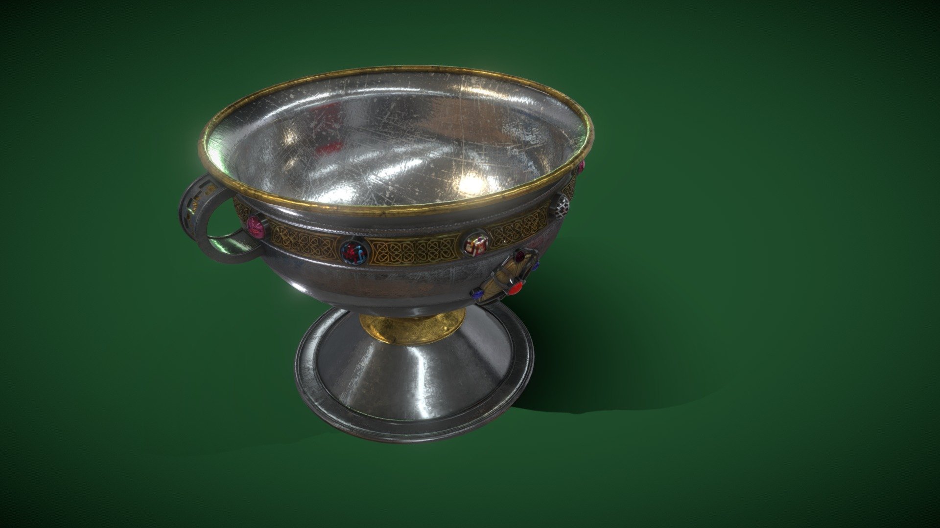 The 8th century Ardagh Chalice is one of the greatest treasures of the early Irish Church. It is part of a hoard of objects found in the 19th century by a young man digging for potatoes near Ardagh, Co. Limerick. It was used for dispensing Eucharistic wine during the celebration of Mass. The form of the chalice recalls late Roman tableware, but the method of construction is Irish and it is regarded as one of the world finest example sof fine metal work for its period 3d model