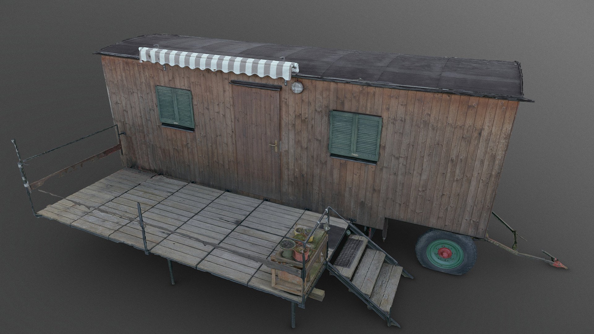 Vintage retro circus old Caravan tiny house home on wheels RV with wooden terrace balcony stairs

photogrammetry scan, 4x8K texture + HD normals - Old Caravan - Buy Royalty Free 3D model by matousekfoto 3d model