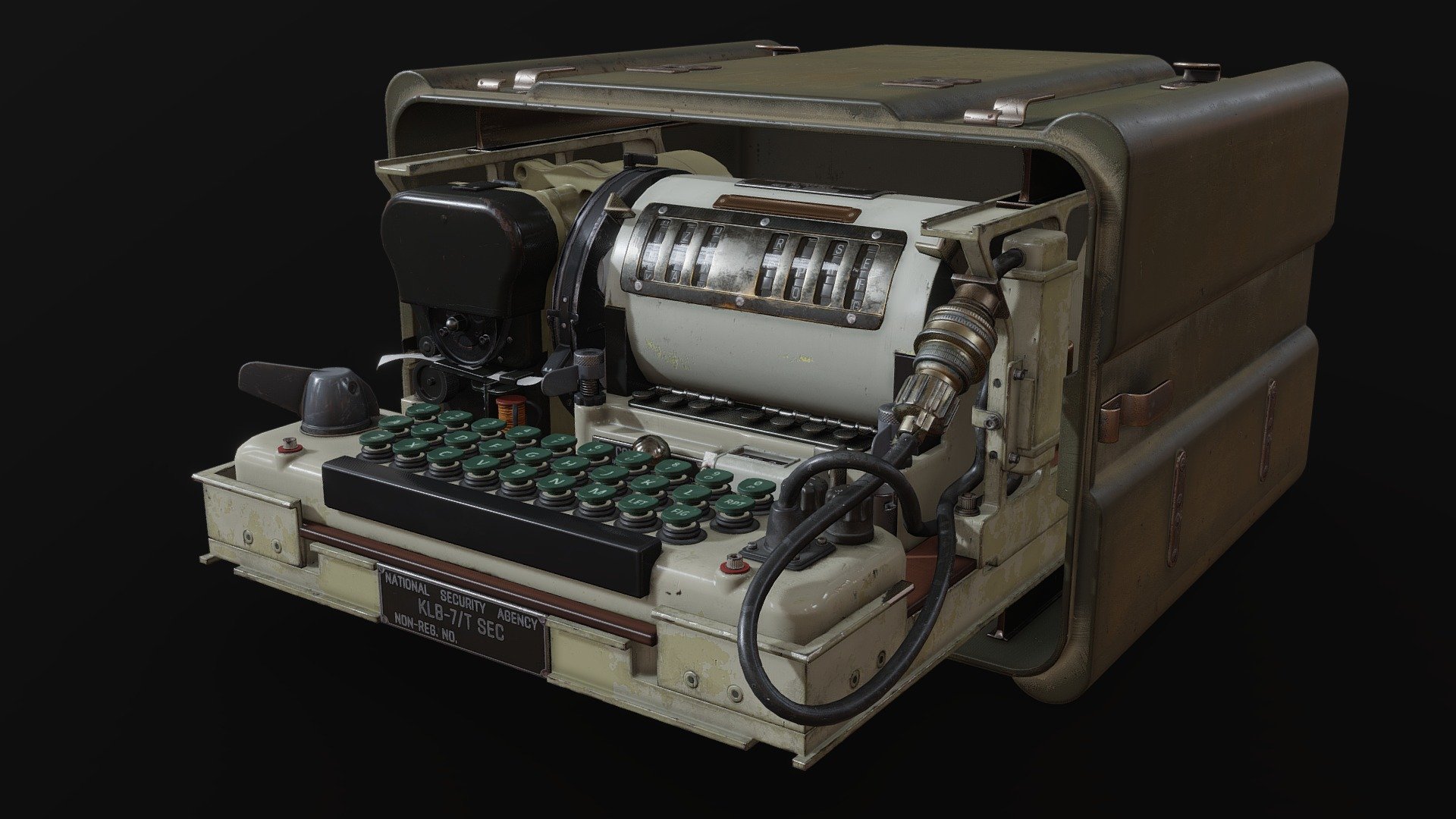 The KL-7 Adonis was a rotor cipher machine used by the United States government for secure communication during the Cold War. It was used by various government agencies and military units for the secure transmission of classified information.

More renders on artstation: https://www.artstation.com/artwork/VyAPmP



Modelled in vanilla Blender, baked and textured in Substance Painter

3 x 4096x4096 PBR Texture Sets - KL-7/T SEC | Adonis - Buy Royalty Free 3D model by shash_wut (@Shashwat.Patkar.Sh) 3d model