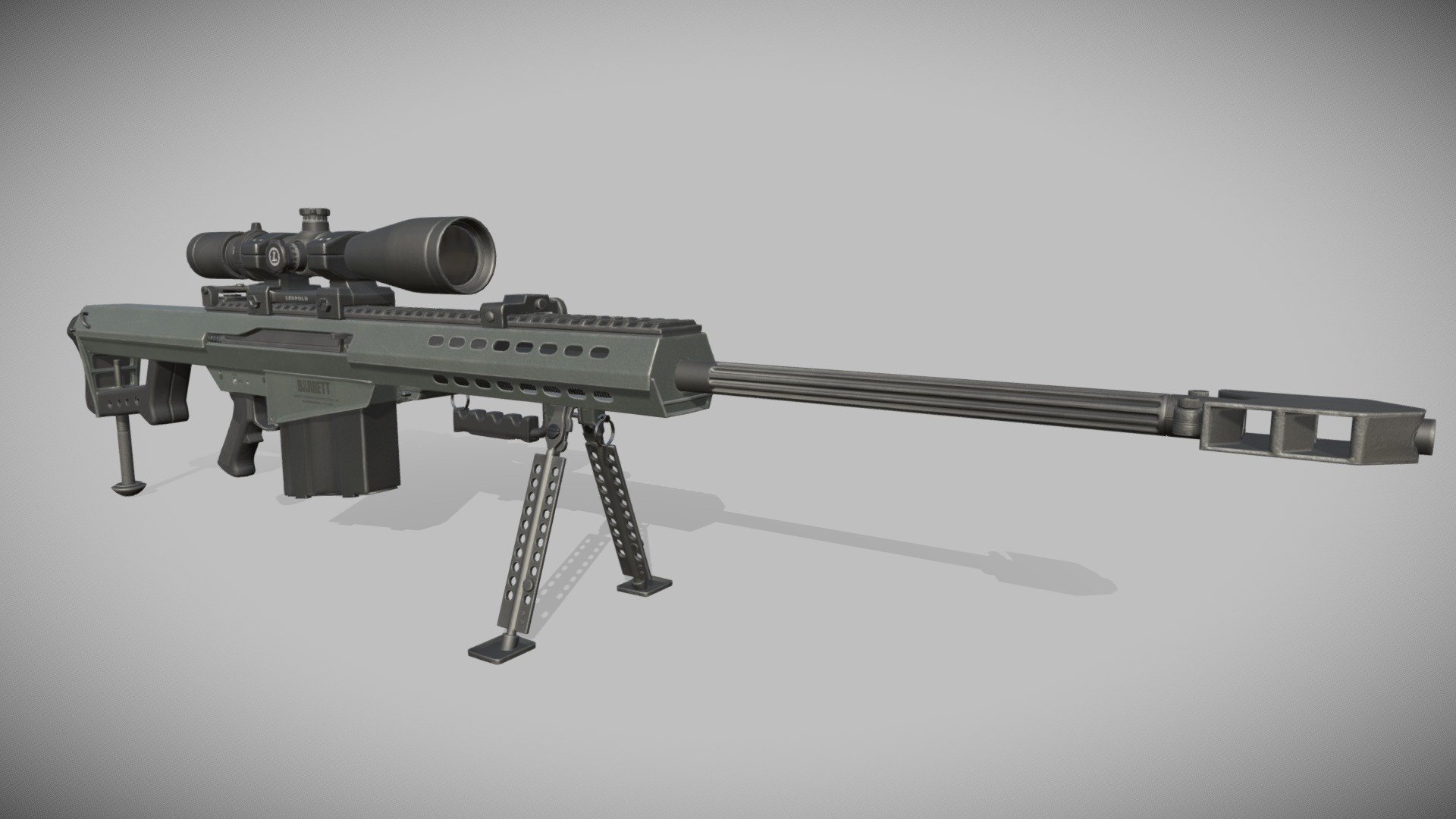 Mid poly mesh. 

Modeled, rigged and animated in Blender. Some armature bones have constrains with just the movement they should do. 

4K PBR textures textured in Substance Painter.

You can see renders here: https://govi-48.artstation.com/projects/Jv3Wad - Sniper Rifle - Barrett M82A1 - Buy Royalty Free 3D model by GoVi (@GoVi-48) 3d model