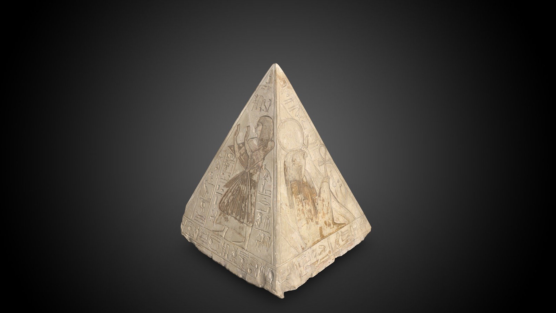 Pyramidion di Ramose

Pyramidion of Ramose




Inv. no.: C.1603

Material: Stone / limestone

Dimensions: 70 x 57.5 x 57.5 cm

Date: 1292–1190 BCE

Period: New Kingdom

Dynasty: Nineteenth Dynasty

Provenance: Deir el-Medina

https://collezioni.museoegizio.it/en-GB/material/Cat_1603

https://collezioni.museoegizio.it/it-IT/material/Cat_1603 - Pyramidion of Ramose - 3D model by Museo Egizio (@Museoegizio) 3d model