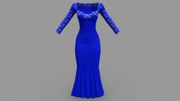 Female Elegant Royal Blue Evening Dress neck, chest, fashion, girls, open, long, clothes, wedding, dress, mermaid, queen, gown, beautiful, sleeves, womens, elegant, wear, anne, formal, evening, pbr, low, poly, female, blue, ball, royal, sweetheart