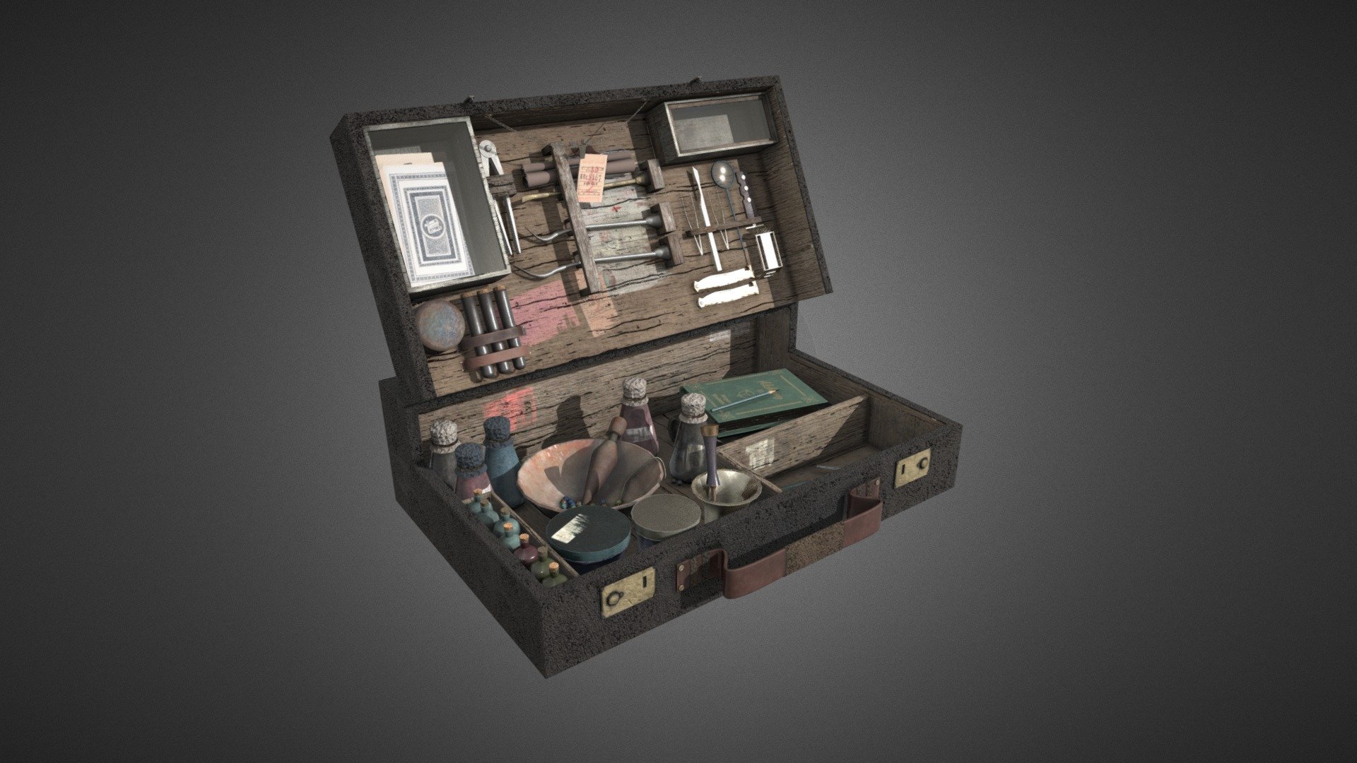 It is a vintage handheld toolbox made of leather, wood and metal. Some personal information of the user can be seen from the contents and signs of use 3d model