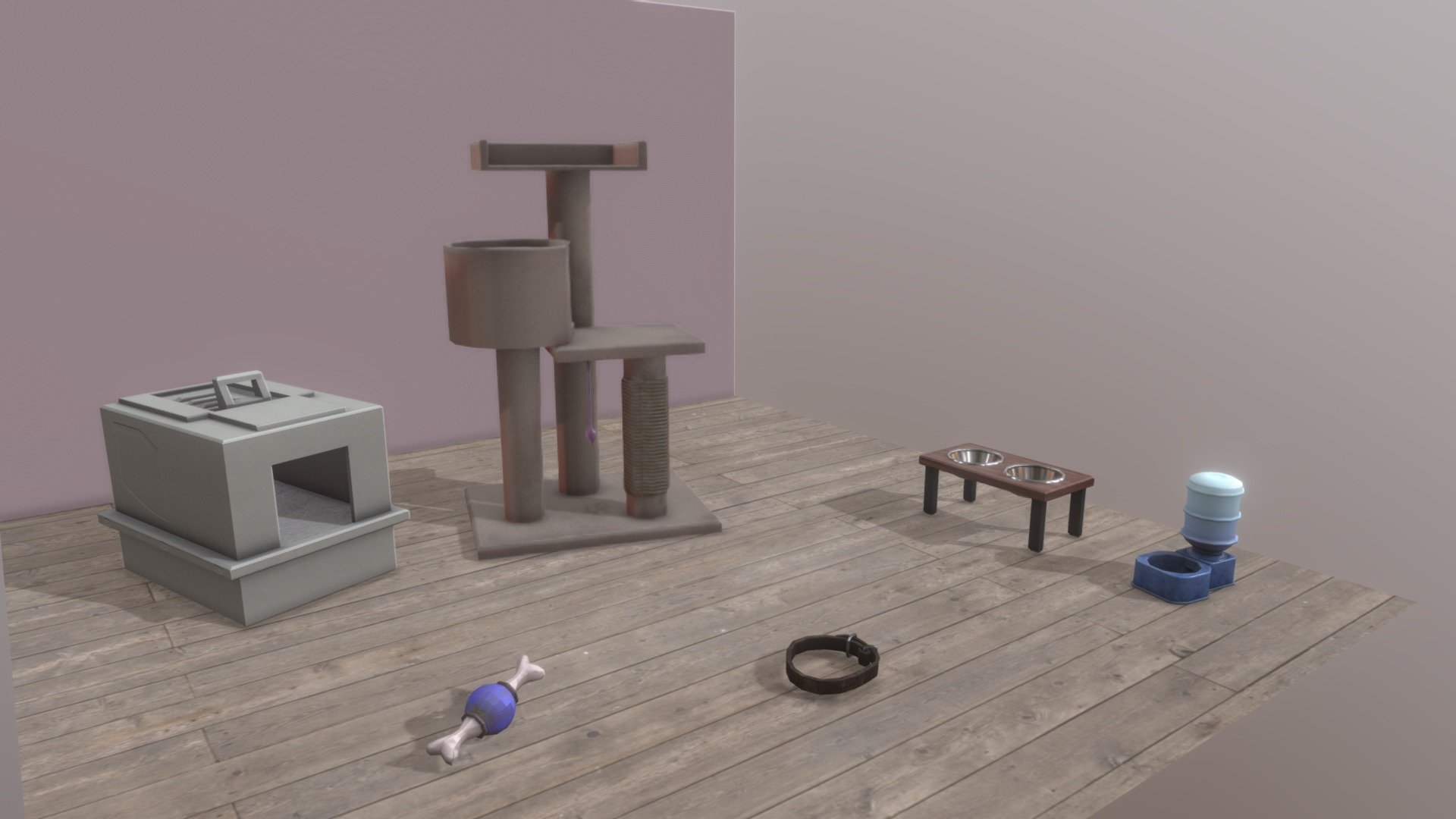 SGD 214 Modeling II assignment &ndash; Six Props. For this assignment I made props fitting a pet items theme. The props are: litterbox, dog toy, dog collar, food bowls, water bowl (gravity / self refilling bowl), and a cat tree 3d model