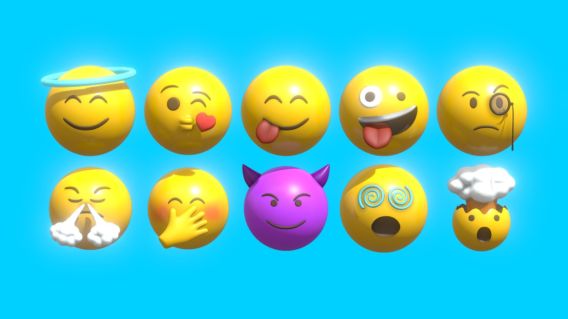 3D 10 Emoticon Yellow Ball Pack Part 3 Made in Blender 3.5

Emoticon List :




Smile Angelic Halo

Blow a Kiss

Yummy Facce

Silly Face

Gentleman with Monocle

Frustrated Steam

Hiding Smile or Shy

Evil Purple

Dizzy with Spiral Eyes

Exploded Head or Stress

For TEXTURE include the DIFFUSE AND ROUGHNESS, but if want to tweak the color it’s just using the principled bsdf in the blender file

each Emoticon exported to an FBX, OBJ, DAE, GLB/GLTF and STL format

in the blender file i just included the lighting setting for rendering just like the preview image - 10 Emoticon Yellow Ball Pack Part 3 - Buy Royalty Free 3D model by pakyucangkun 3d model