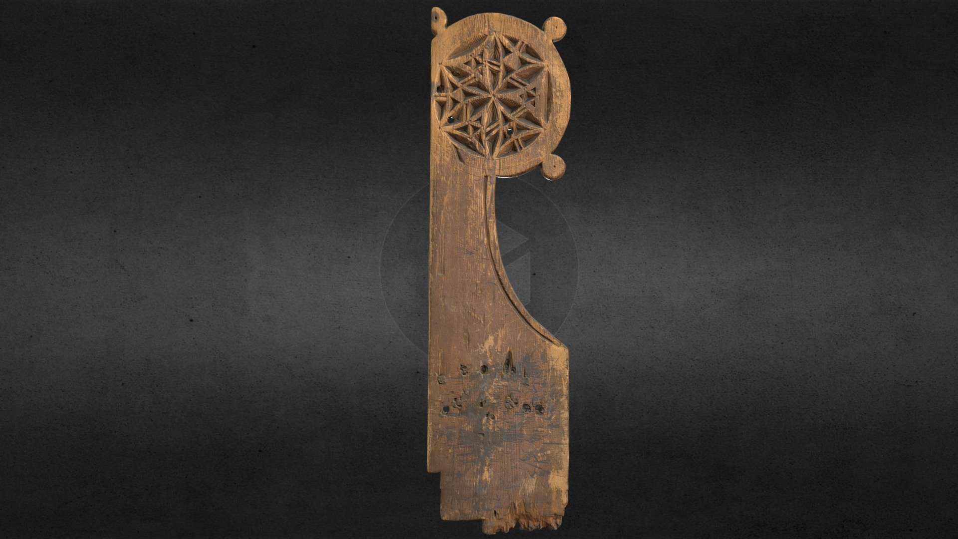 This carved bench end was incorporated into the benches standing in the “Parish Church” until 1874. It was then sent with th remaining decorated bench ends to the Museum of Nordic Antiquities, the presnt National Museum of Denmark. This presumably late medieval, bench end was in the furniture of the &ldquo;Parish Church