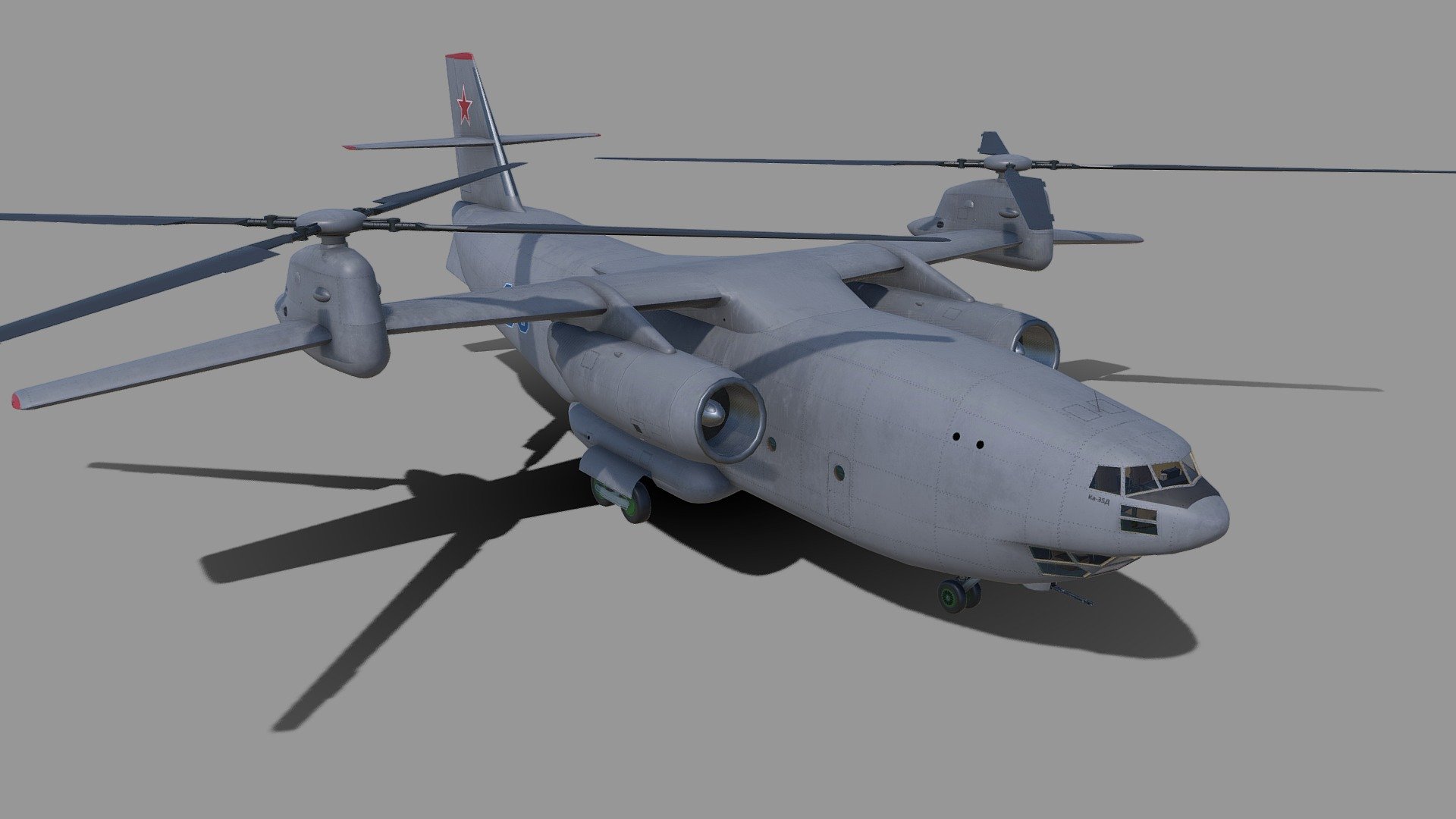 In 1967, the Kamov Design Bureau proposed a project for the Ka-35D transport rotorcraft,
intended to work in tandem with the An-12D aircraft. With a takeoff weight of 71.500 kg, it could carry
up to 11 tons of cargo for a distance of up to 700 km (maximum - 800 km) with a cruising speed of up to 500 km / h.
Its carrying capacity reached 20 tons, and the maximum design speed was 500-550 km / h.
On the Ka-35D, two turbojet engines were used with a rotor drive with overlapping disks of rotating blades.
The rear cargo hatch ramp was used for loading and unloading equipment.
In the nose of the mobile unit there was a remote-controlled cannon 3d model
