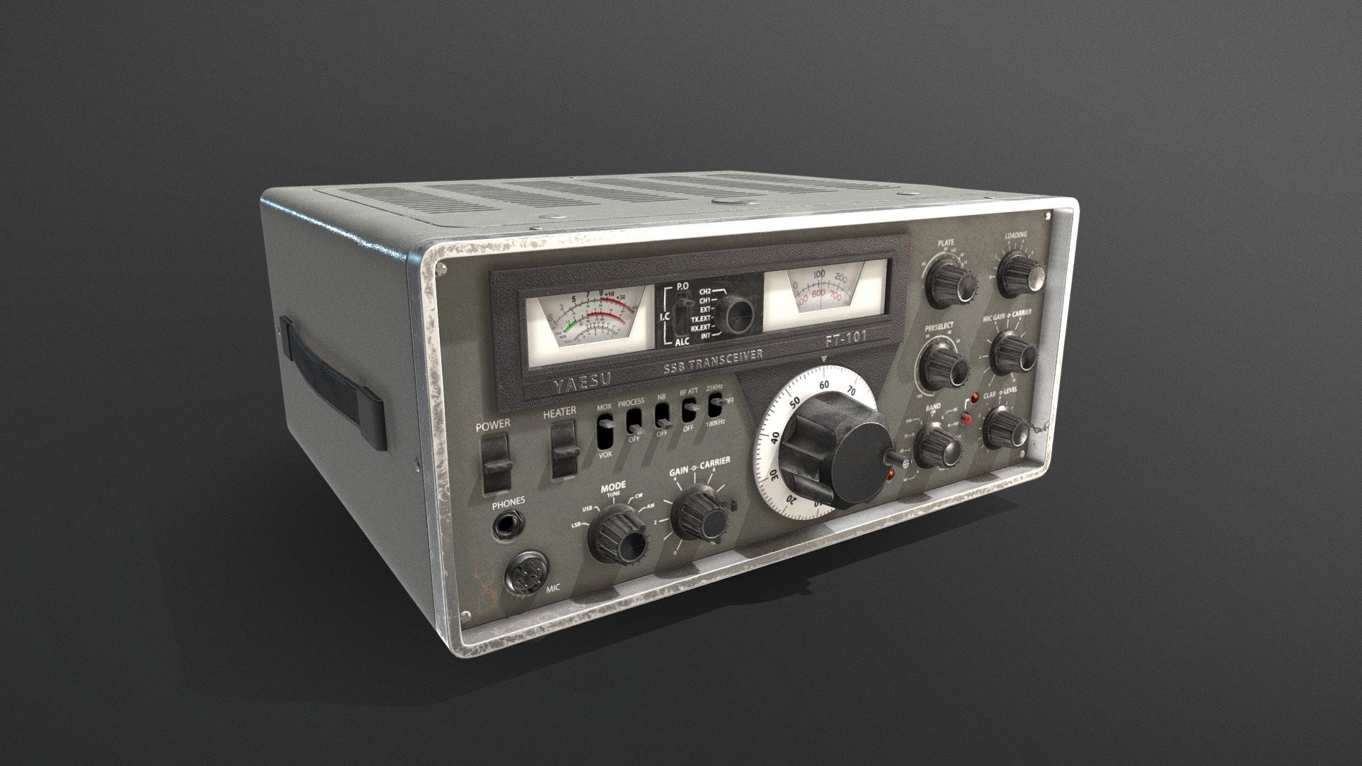 PBR game-ready 3D model of a ham radio (amateur radio) based on the Yaesu FT-101.

The Yaesu FT-101 would be categorized as a vintage or classic amateur radio transceiver. It belongs to an earlier era of radio equipment, as it was first introduced in the late 1970s.

This is a realistic model built to scale and careful reference look-up.

Textures are packed and ready for Unreal Engine, Unity. It also comes with unpacked textures, so it can be used in any other game engine or renderer. Textures are created in Substance Painter.

25842 Polygons - 26538 Vertices. One texture sheet at 4096x4096px 3d model