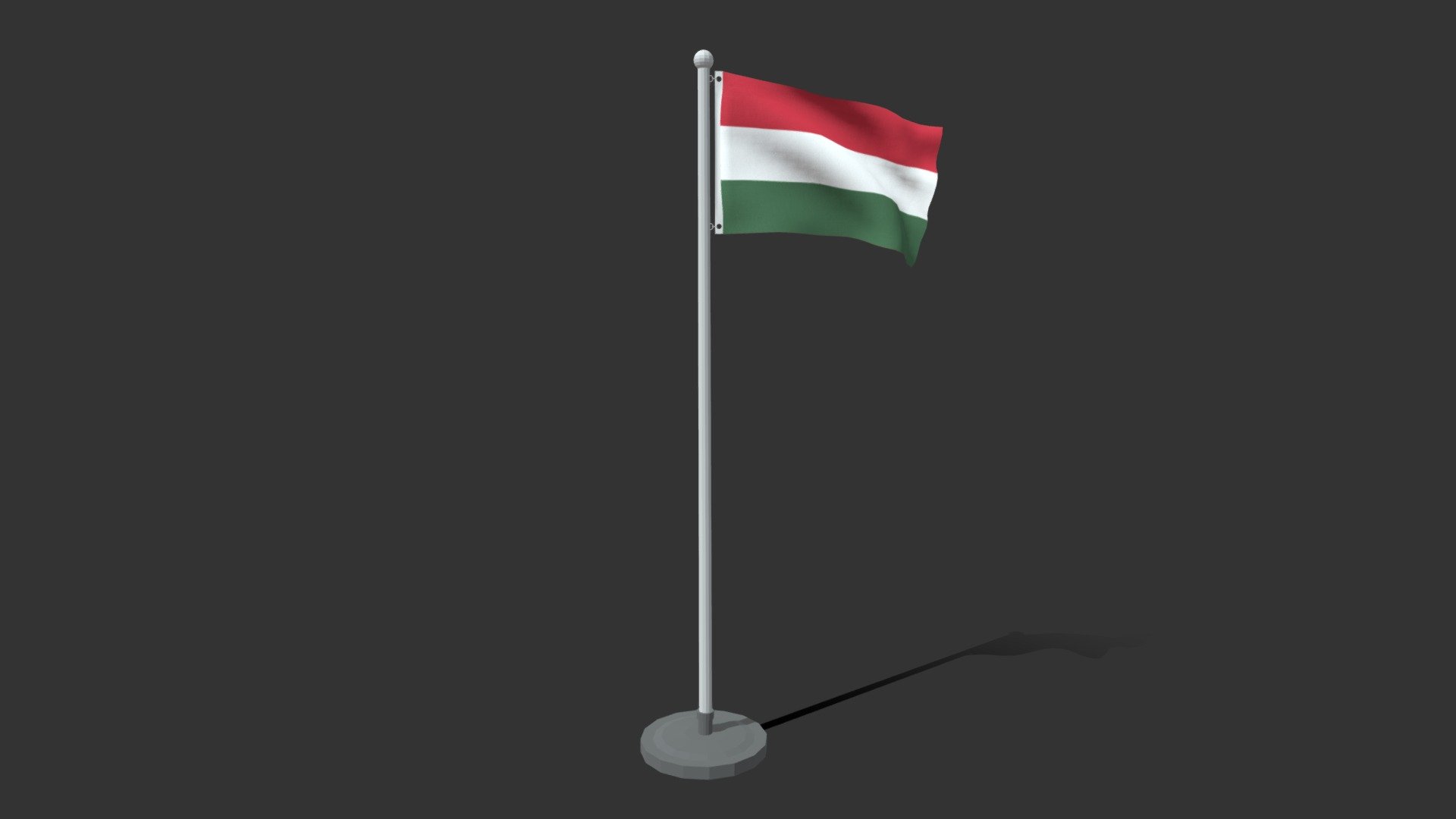 This is a low poly 3D model of an animated flag of Hungary. The low poly flag was modeled and prepared for low-poly style renderings, background, general CG visualization presented as 2 meshes with quads only.

Verts : 1.536 Faces : 1.459.

1024x1024 textures included. Diffuse, roughness and normal maps available only for flag. The pole have simple materials with colors.

The animation is based on shapekeys, 248 frames and seamless, no rig included.

The original file was created in blender. You will receive a OBJ, FBX, blend, DAE, Stl, gLTF, abc.

PLEASE NOTE Animation icluded only in blend, abc and glTF files.

Warning: Depending on which software package you are using, the exchange formats (.obj , .dae, .fbx) may not match the preview images exactly. Due to the nature of these formats, there may be some textures that have to be loaded by hand and possibly triangulated geometry 3d model