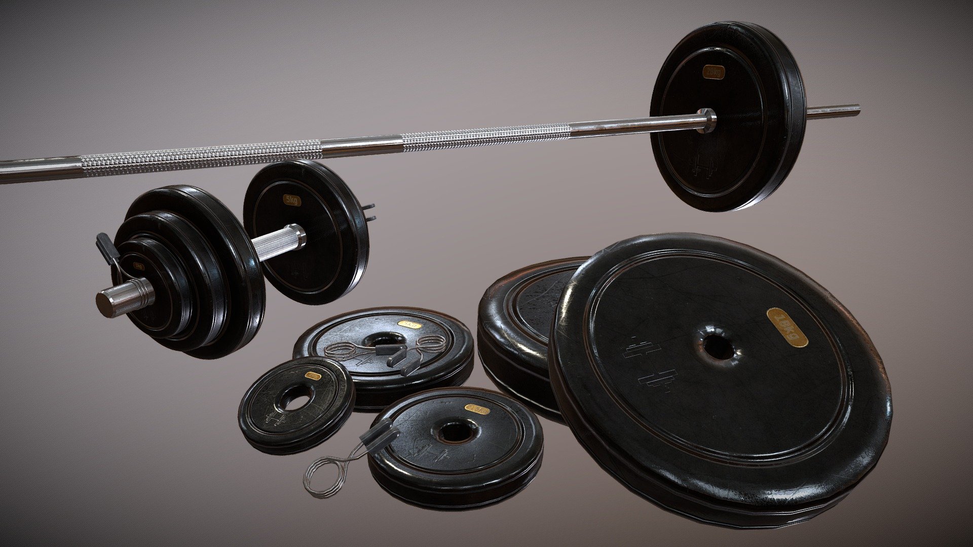 These dumbbells are made in a modular way.

The weights come in 1kg, 2.5kg, 5kg, 10kg and 20kg and they all fit on both bars. 

The clamps fit on both bars as well.

The clamps and weights on the ground are unsubdivided on purpose.

The textures have been baked for each object in order to optimize rendering times.

Weights unsubdivided (each):

1024 tris

512 verts

512 faces

Weights subdivided (each):

4096 tris

2048 verts

2048 faces

Grip short:

384 tris

386 verts

208 faces

Grip long:

448 tris

226 verts

240 faces

Clamps unsubdivided (each):

884 tris

450 verts

454 faces

Clamps subdivided (each):

3584 tris

1804 verts

1792 faces

The original textures (CC0) used came from the following websites:

https://cc0textures.com and https://www.cgbookcase.com - Modular Dumbbell Set - Buy Royalty Free 3D model by blenderbirb 3d model