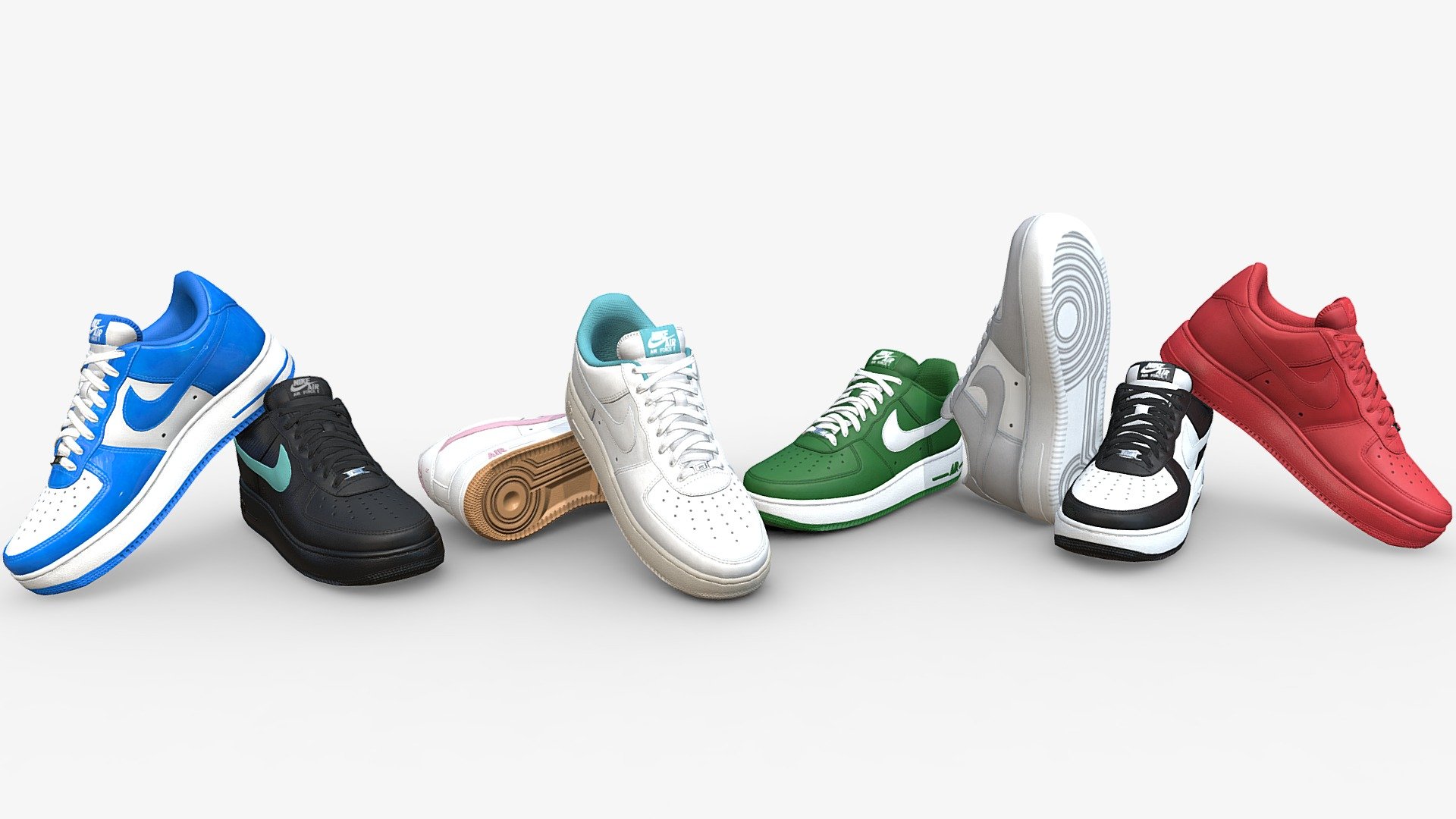 Eight various colourways of the Air Force 1 are available in this pack. On display are the optimised versions of one shoe from each pair, the files include both shoes, to which all of these textures can be mapped.

Each shoe has a 15,605 faces (31,210 for a pair) and uses the one texture set to cover both shoes. This is done without mirroring text, so both left and right shoes are as they appear in real life. 
Textures are in png format, and included are Base Color, Metallic, Roughness, and Normal 

If you have any questions or for general enquiries contact: worksofwall@gmail.com - Air Force One Variety Pack - Buy Royalty Free 3D model by Joe-Wall (@joewall) 3d model