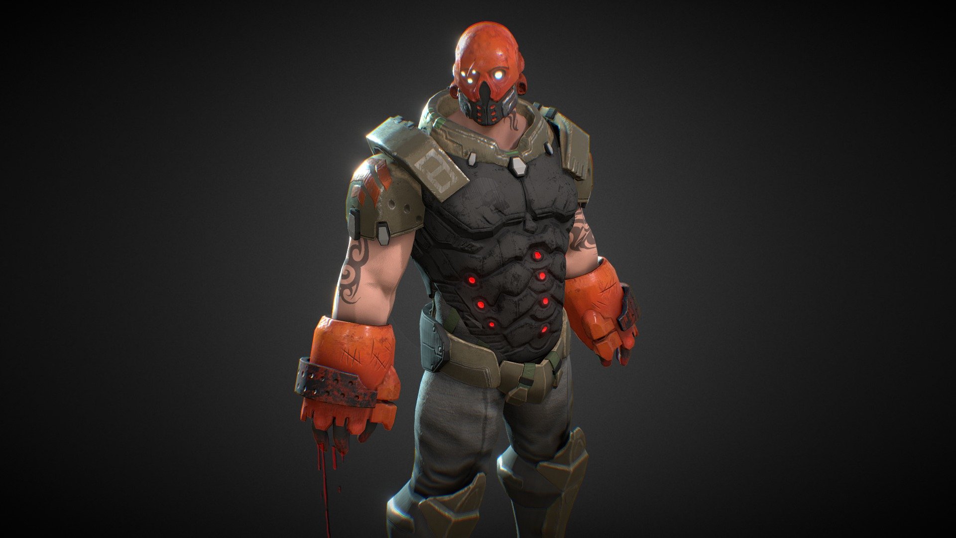 Modeled this dude to practice making characters!  This is my second character I've made, so let me know what you think : )
Made in Maya, ZBrush, and Substance.

Based on this concept art by Adrian Dadich:
http://adriandadich.deviantart.com/art/Beat-Down-299482068
(I adjusted some anatomical features to be more realistic) - BEATDOWN - 3D model by Sebastian Metzgar (@smetzgar) 3d model
