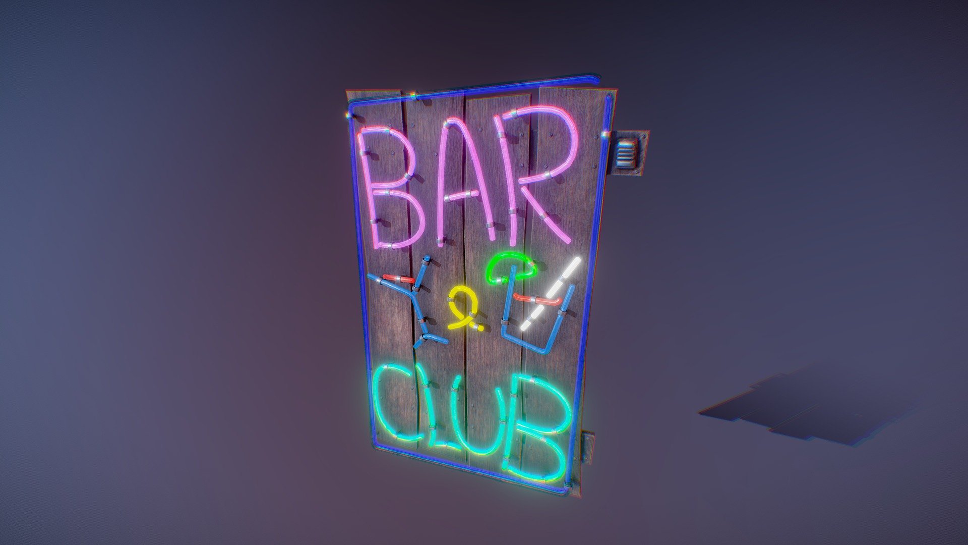 A model of a neon bar sign, useful for many exterior or interior scenarios. 4K texture, albedo, metalness, roughness, normal, opacity, emission, AO. 9,767 polys, 19,962 tris, 10,160 verts. Will include textures set up for unreal engine as seperate file 3d model