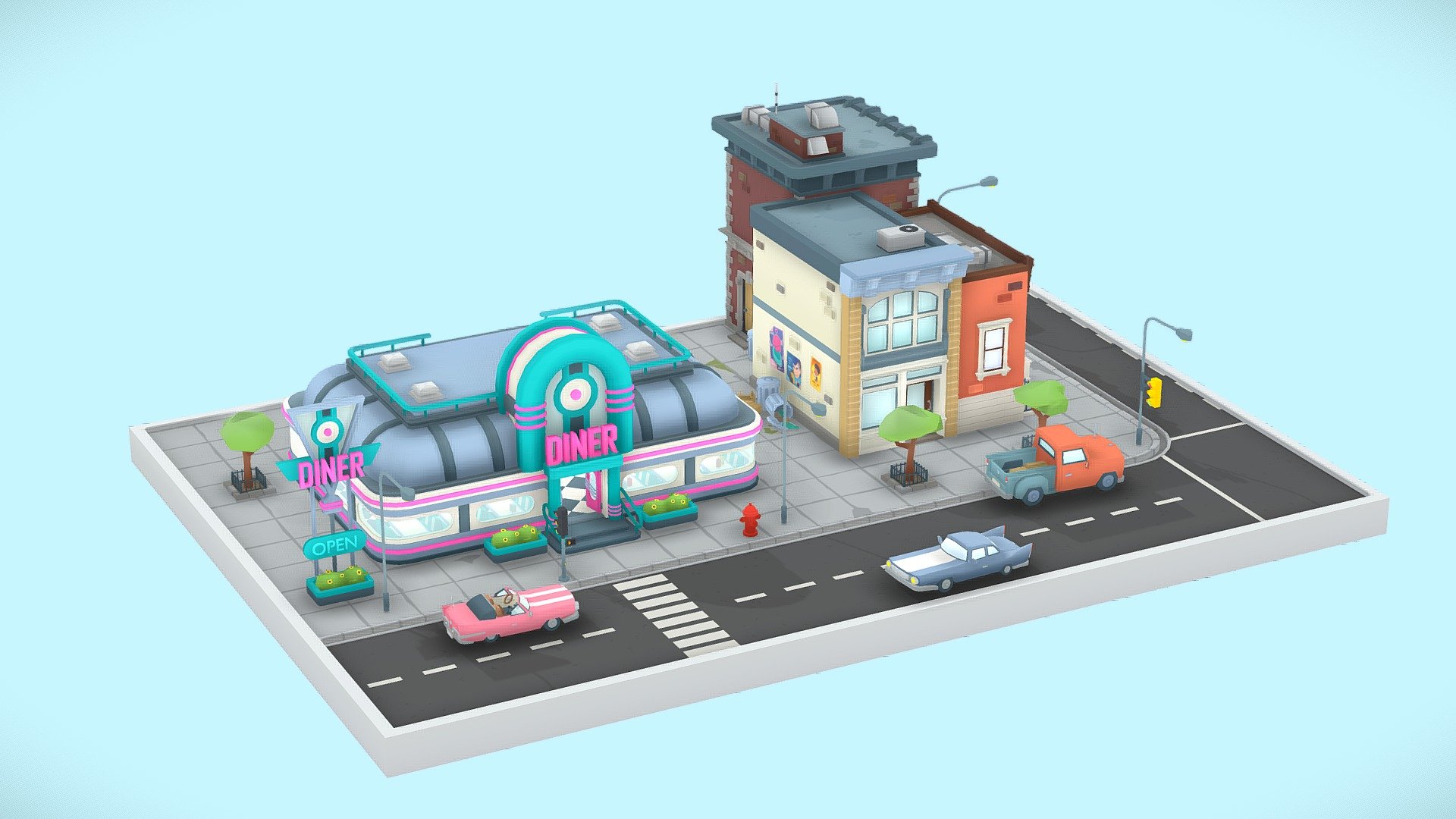 A diroama of a Diner and surrounding buildings created using the assets I made for Blast Royale's battle royale map 3d model