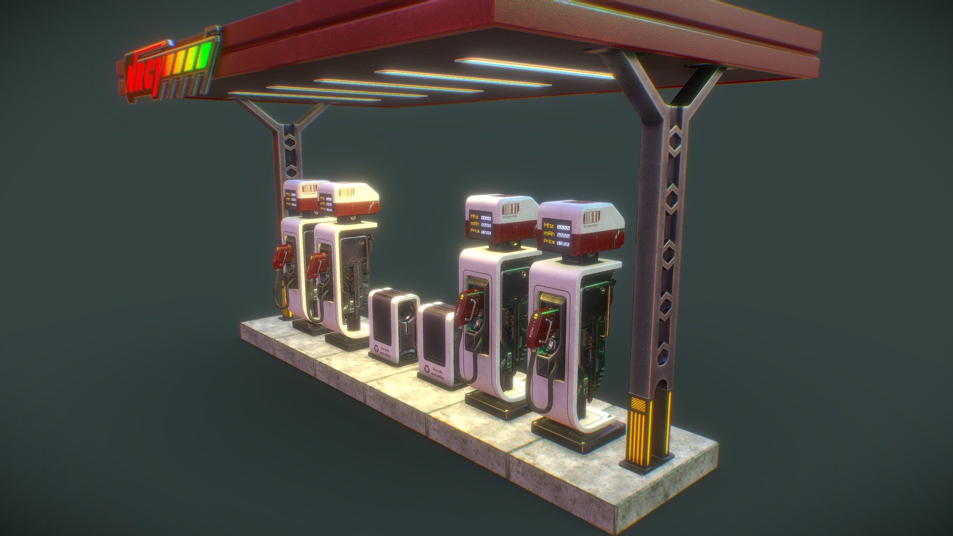 Energy Station for recharging vehicles. The asset is semi moduled, so you can just take what you need.
There is a tris propertys in annotations. 

Concept art - Won Jun Tae 3d model