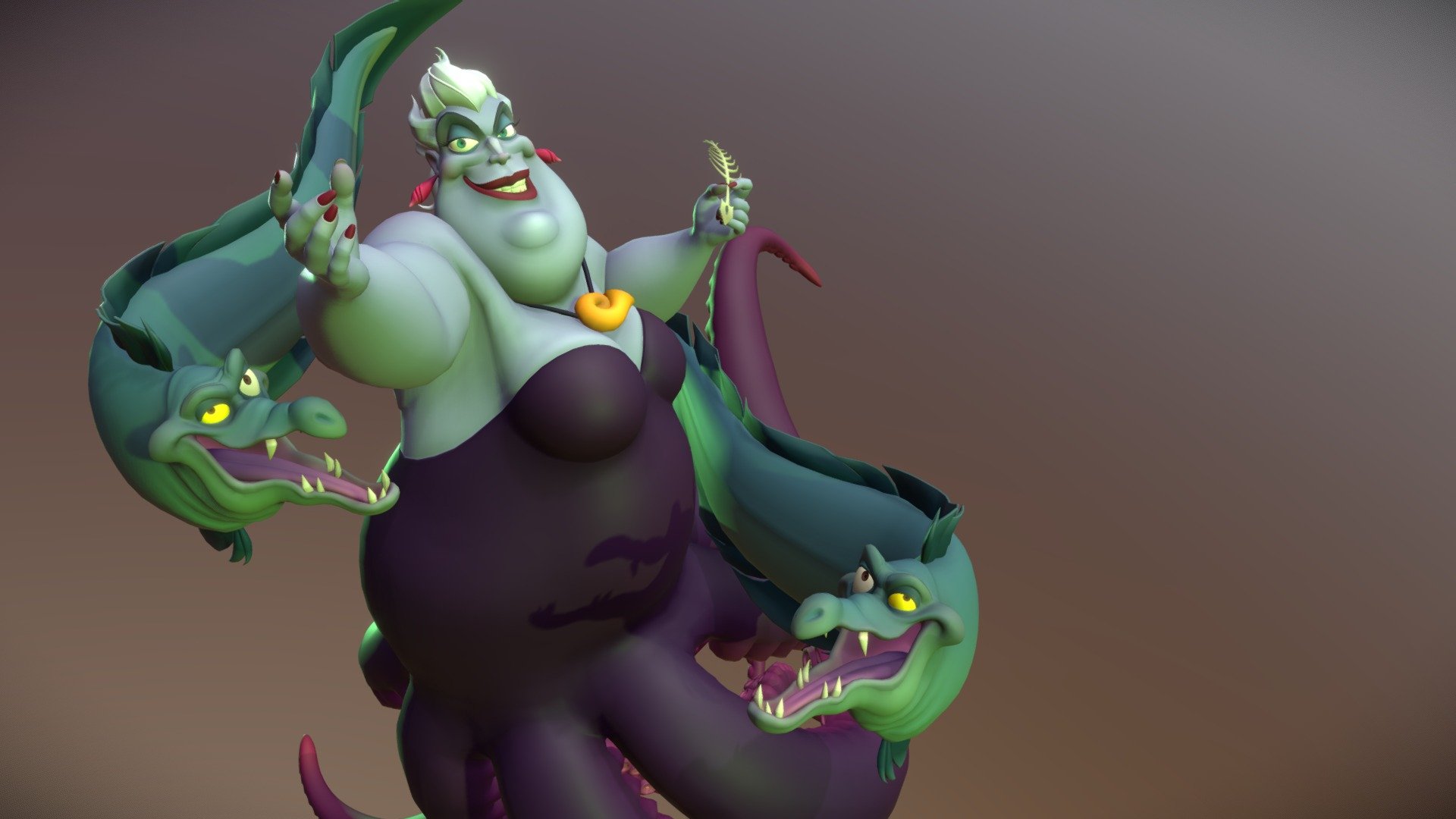 I really love modeling cartoon characters. 
This time I chose Ursula and her morays, from the Disney movie &ldquo;The Little Mermaid