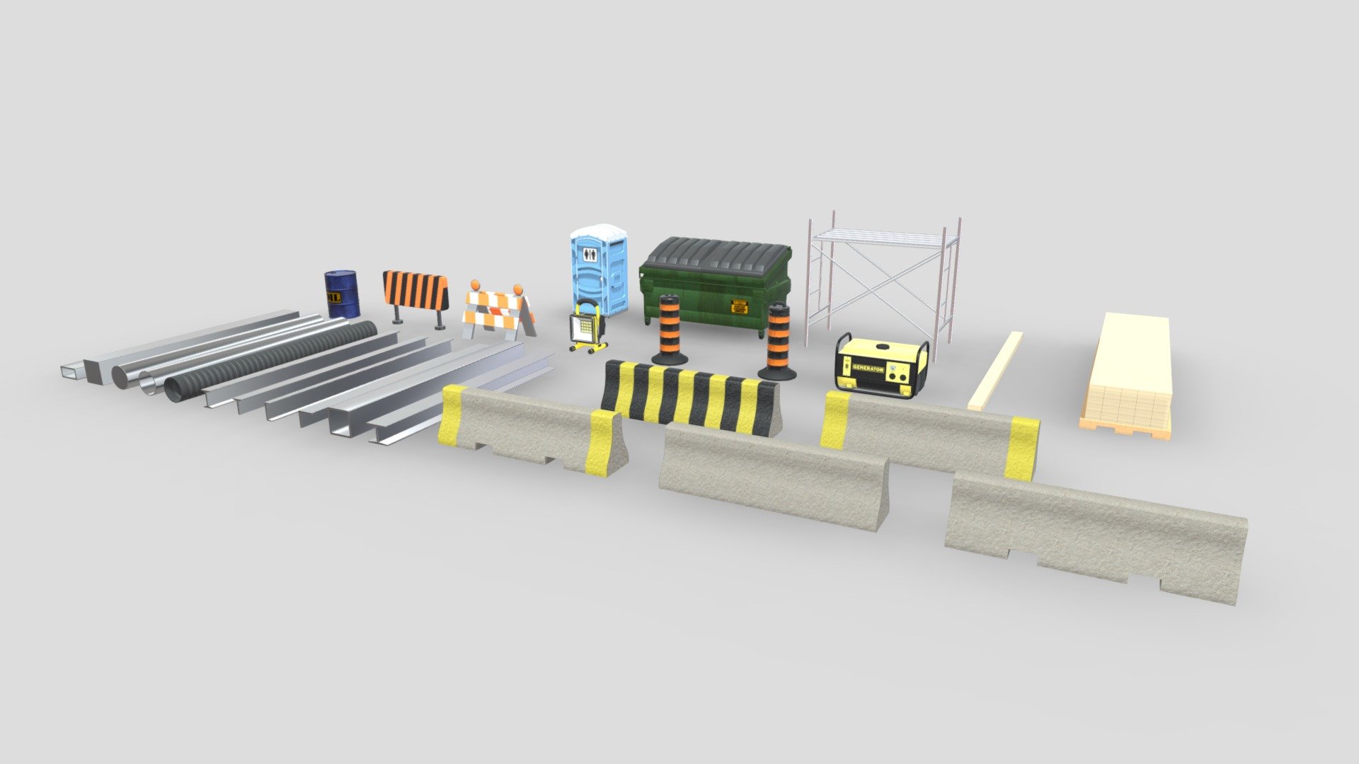 Construction Props Collection made using Blender. This collection includes 29 models. It includes the objects that you could find on any construction site. They can be used in game development, scenes, animations and more.

Features:




Each model was made using the metalness workflow and 4K PBR textures in PNG format

Collection includes 29 models

Native blend files are included which all have camera and lighting setups

Native blend files include pre-applied textures to each model

HDRi maps for lighting downloaded from HDRi Haven are included

All models have been exported in 4 file formats (FBX, OBJ, GLTF/GLB, DAE/Collada)

Included Textures:




AO, Diffuse (Alpha), Roughness, Gloss, Normal, Metallic

UVLayout

The source file that is uploaded is for demonstration use and is uploaded in FBX format. In the additional file you will find all model exports and the textures that go along with them 3d model