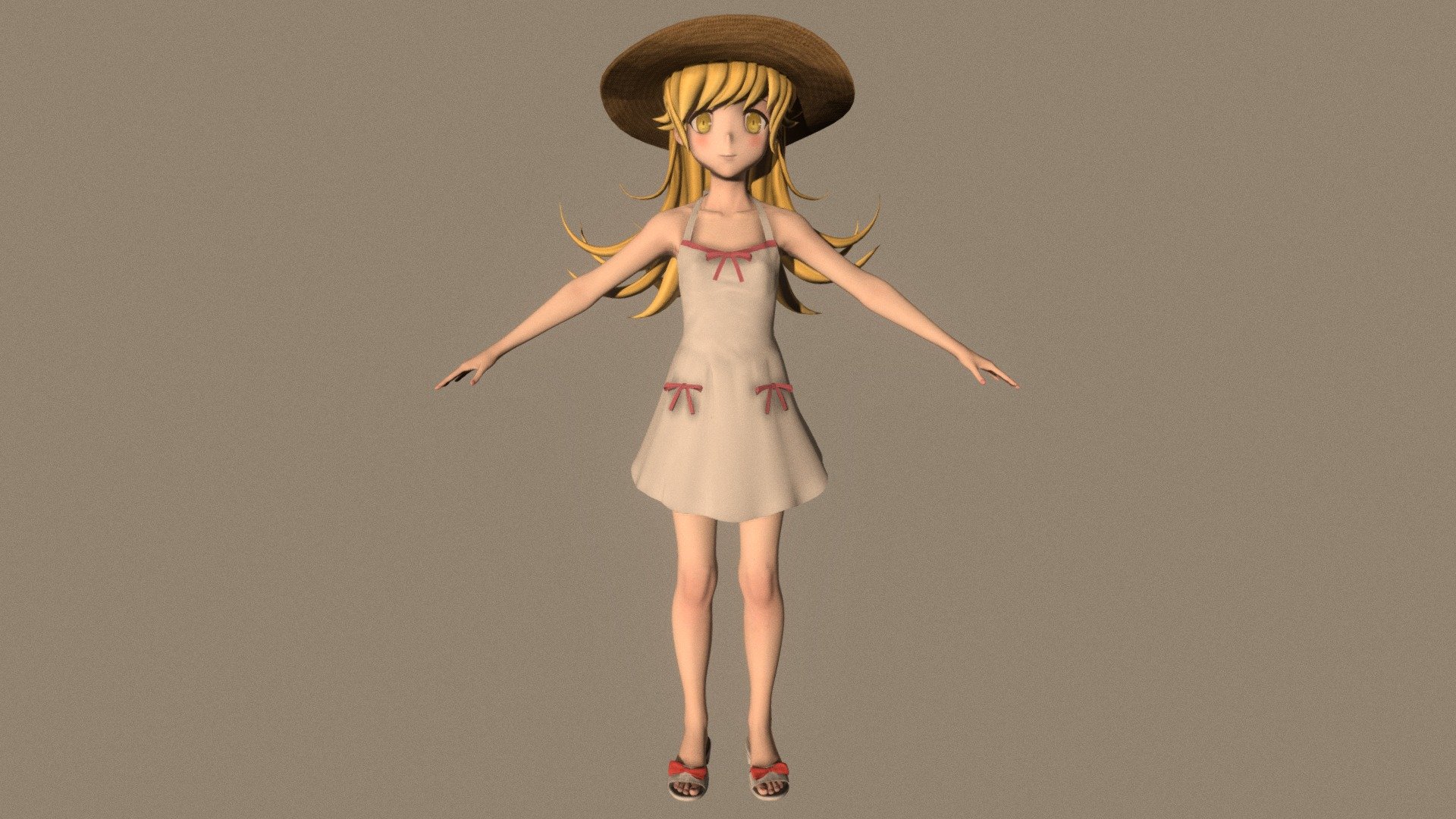 T-pose rigged model of anime girl Shinobu Oshino (Bakemonogatari).

Body and clothings are rigged and skinned by 3ds Max CAT system.

Eye direction and facial animation controlled by Morpher modifier / Shape Keys / Blendshape.

This product include .FBX (ver. 7200) and .MAX (ver. 2010) files.

3ds Max version is turbosmoothed to give a high quality render (as you can see here).

Original main body mesh have ~7.000 polys.

This 3D model may need some tweaking to adapt the rig system to games engine and other platforms.

I support convert model to various file formats (the rig data will be lost in this process): 3DS; AI; ASE; DAE; DWF; DWG; DXF; FLT; HTR; IGS; M3G; MQO; OBJ; SAT; STL; W3D; WRL; X.

You can buy all of my models in one pack to save cost: https://sketchfab.com/3d-models/all-of-my-anime-girls-c5a56156994e4193b9e8fa21a3b8360b

And I can make commission models.

If you have any questions, please leave a comment or contact me via my email 3d.eden.project@gmail.com 3d model