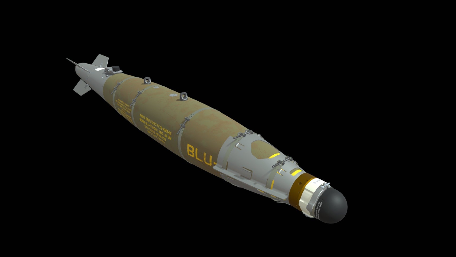 The GBU-54(V)/B by Boeing is the Laser JDAM variant of the GBU-38(V)/B 500 lb. class JDAM. It consists of a GBU-38(V)/B bomb fitted with a DSU-38/B laser homing target detection device.
That is why they look similar, one can easily distinguish one from the other, because the GBU-54 has a connector that connects the DSU-38 / B with the tail assembly.Instead of the MK 82, the BLU-111/B warhead can also be used in the GBU-38/B series JDAMs. The BLU-111/B is externally identical to the MK 82, but uses the PBXN-109 thermally insensitive explosive
This model was built by interpreting photographs and images available on the internet and therefore its dimensions and details are not exact.
I make these models as a hobby 3d model