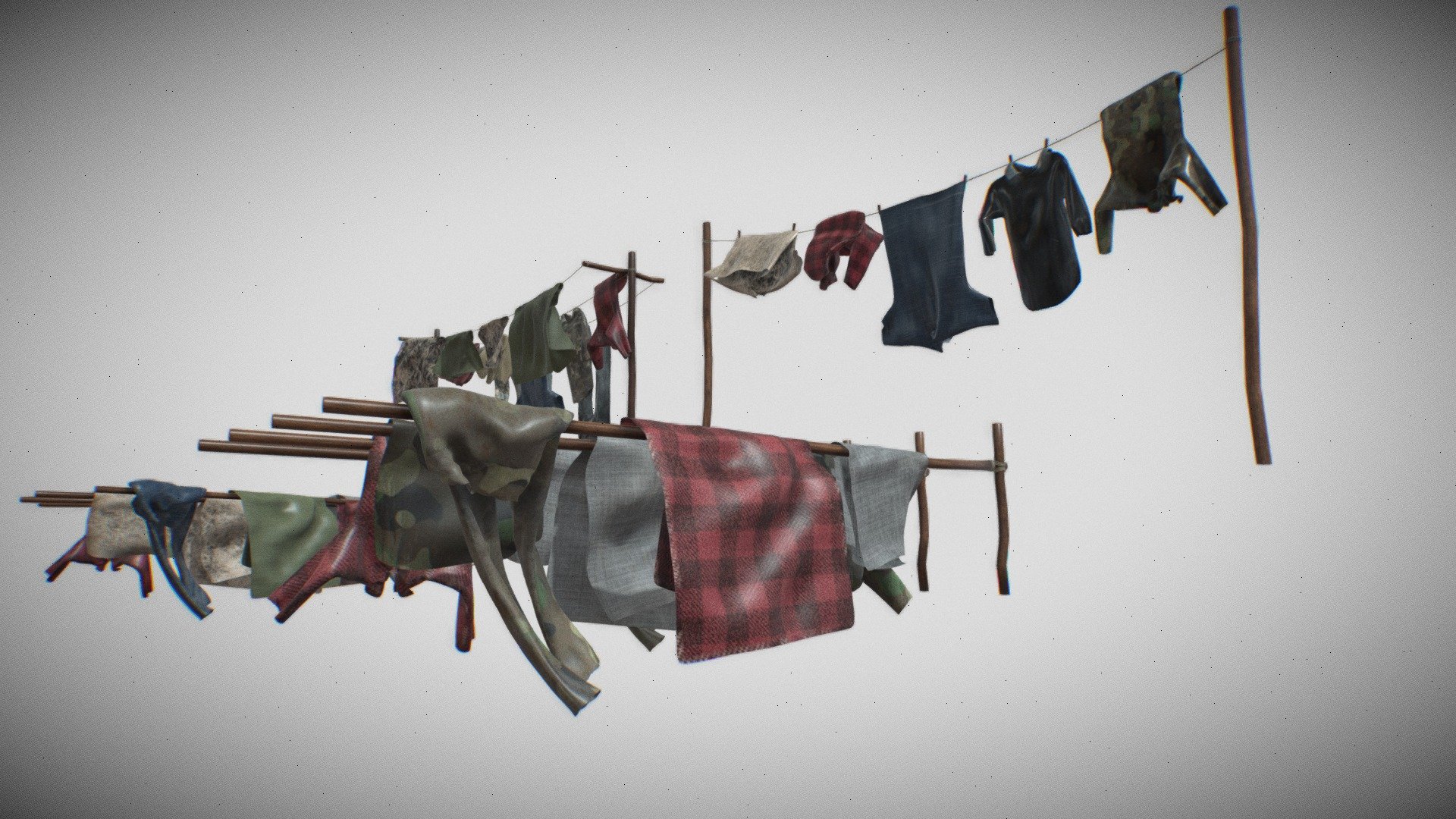 washing line and washing poles with clothes, pants, shirts, cloth, tower and other hanging to dry - Washing line washing poles clothes shirts pants - Buy Royalty Free 3D model by 3D Content Online (@hknoblauch) 3d model