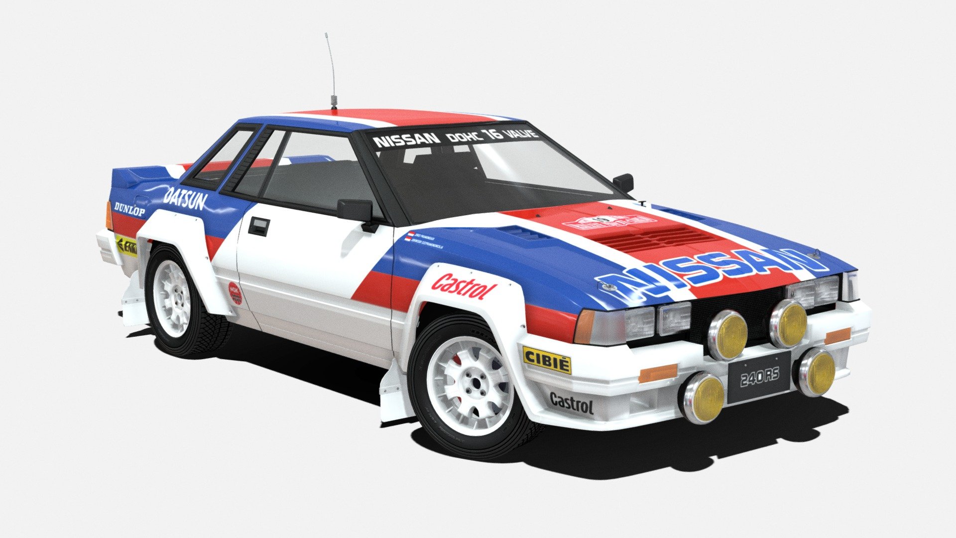 This is a 3D model of Nissan 240RS Group B Rally car I made in Blender.
This car is based on S110 model of the Silvia family. However, since the car was heavily modified, Nissan had to make 250 homologated models to fulfill the regulation to enter Group B. Unfortunately, Group B has already been ended before this car could compete.

Reworked at May 13th, 2022. Mostly the reworks are UV Map for body &amp; windows and shaders/materials so that it will be compatible with Blender Cycles engine. Previously it was specific for EEVEE and caused black areas when rendered with Blender Cycles. Here are some renders :





UV Templates :

 - Nissan 240RS (Group B) - Buy Royalty Free 3D model by Joko_P 3d model