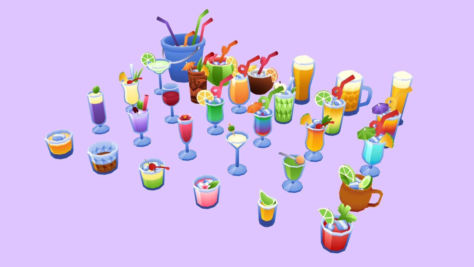 These cute and colorful drinks are perfect for your lowpoly and mobile game needs. 
This package contains 100 Drink Assets and 14 glasses plus a cocktail shaker.

Tris: 400tris average Texture: 512x512px

These are part of &gt;Jacky's Lowpoly Cocktail Pack&lt; on the Unity Assetstore.
https://tinyurl.com/jackyscocktails - Lowpoly Cocktail Pack - 3D model by Jacky Vintonjek (@JVintonjek) 3d model