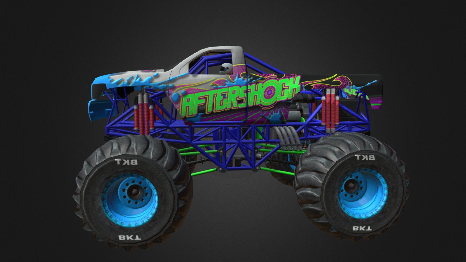 This Monster Truck Aftershock for Mobile.

All interior and underside detail.

Monster Truck Aftershock is around 6k polygons with tires, interior and driver.

Driver model is a separate mesh.

These are optimized models so doors, hood or trunk DO NOT open.

Wheels have spindle nodes for easy animation. Monster Truck have logical hierarchy and naming.

All textures are available in PNG format 3d model