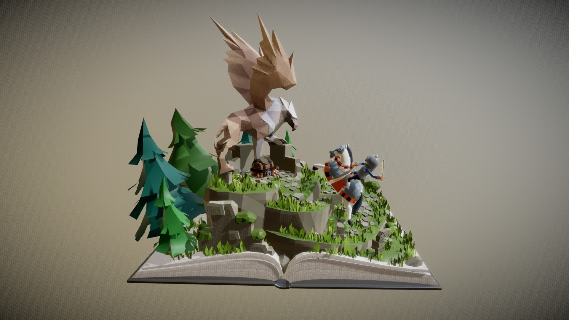 Hello, here's my entry for the Sketchfab Medieval Remix Challenge.
Here's a knight and a Griffin fighting over a treasure :D

I can't write all the names of the objects because it's too many.

Credits to:
roguenoodle - for the island, all rocks(including the mossy ones), all grass, all mushrooms, all path stones, all flowers, all fiddleheads, all trees, all castle ruins (which include the broken columns, the broken arc, and the broken walls), and the smaller island.

Pixel -  for the book

VitSh - for the Griffin

hamsterspit - for the armored 
horse and the knight

Juan Salazar - for the Sword

A few changes I made is that I rigged and posed the Griffin, the Knight, and the Horse because they are in T-pose/rest pose by default.


MedievalRemixChallenge - Legend - Download Free 3D model by Jesse Amiel D. Gayanilo (@JCG_THE_GREAT) 3d model