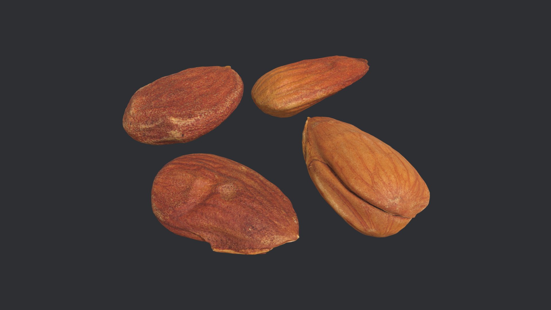 Four individual photogrammetry models of hazelnuts kernels.

All models retopologized/optimized into quads with clean UVs.

Each model has it’s own 4K PNG textures (Diffuse, Normal, Roughness and Ambient Occlusion).

2K JPG textures used for 3D preview

Real world scale 3d model