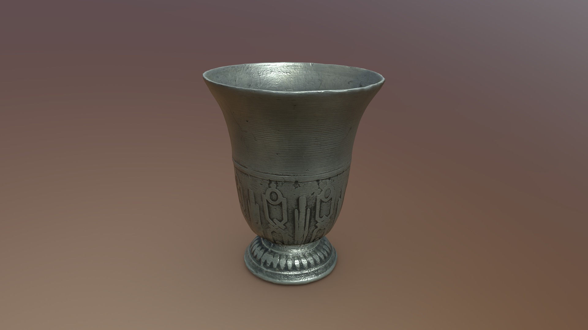 A pewter cup. Captured to help practice my skills on objects with difficult characteristics for 3D scanning. When shooting photos of the inside the rim was often out of focus due to depth of field (even at f11) and the shiny texture made the point cloud noisy. Filters and multiple shots (taken afterwards after processing of an initial photo set) helped get around these problems 3d model