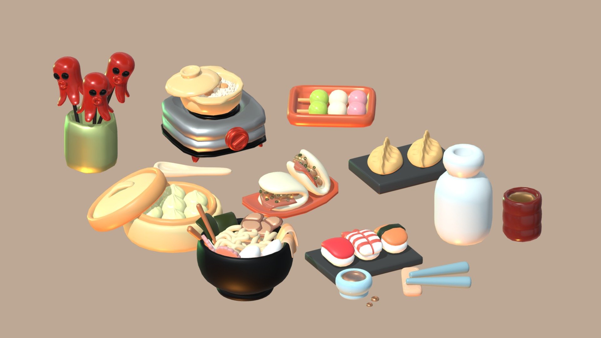 Pack of delicious Japanese food made in Blender. The pack contains different dishes and some cutlery and drinks - Japanese Food Pack - 3D model by Nicky Blender (@nickyblender) 3d model