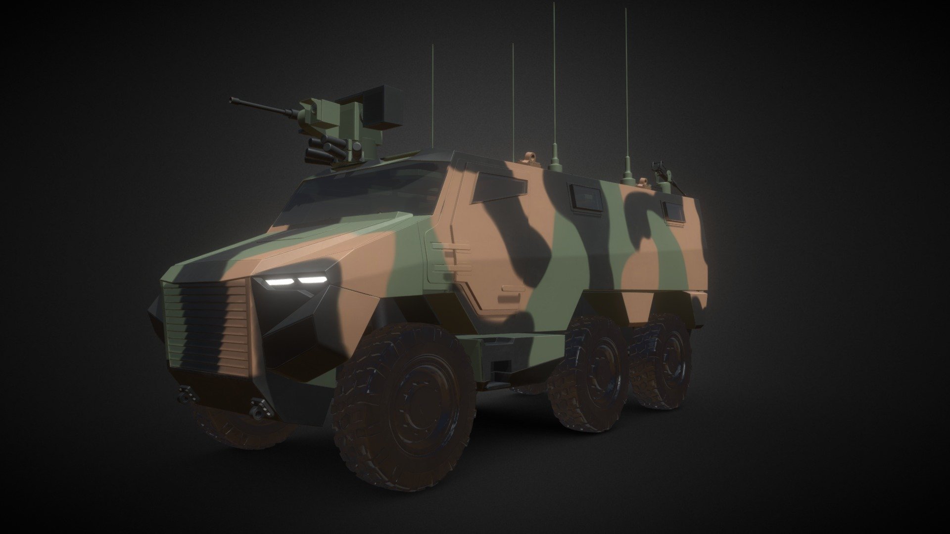 VBMR Griffon.

French military vehicle, camouflage, clean, high poly model. Textured with Substance painter.
Map : Opacity, roughness, Base Color, Emissive, Normal, Metalness - VBMR Griffon - Camouflage Clean - High Poly - Buy Royalty Free 3D model by Tronatic 3d model