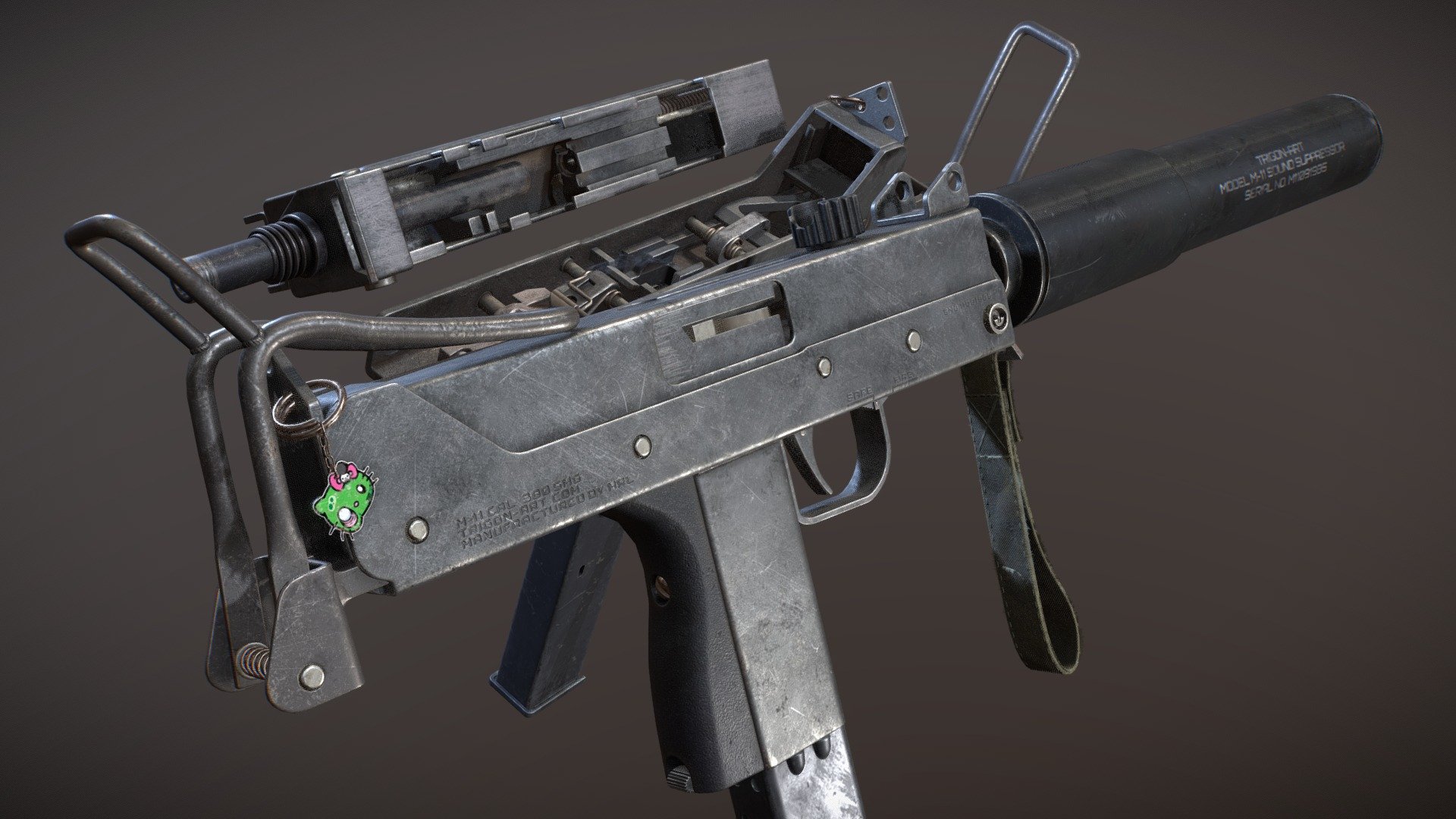 Just another Mac 11 with the addition to have some insight to the technical parts of the weapon.

Main
PBR Mac 11.
VR ready asset with a high attention for details.

Textures
Mac 11 comes with 3 Textures:
Attachments
Inner Parts
Mac 11
Everything is provided in 2k textures.

Unreal Metalness: BaseColor, Normal, Occl/Rough/Metal 
Unity Metallic: Albedo/Transp, Normal, Metallic/Smooth

Mesh
The Mac 11 is ready for rigging and import.
Inner parts can be removed due to a seperate texture.
.fbx

General Information
This weapon is best used for VR experience due to it´s high details.
All parts which can move are seperate and ready for rigging and import.
The Mac 11 includes: Attachments such as suppressor and charm. Also the insights are seperate and can be moved out.

No ammunition included 3d model
