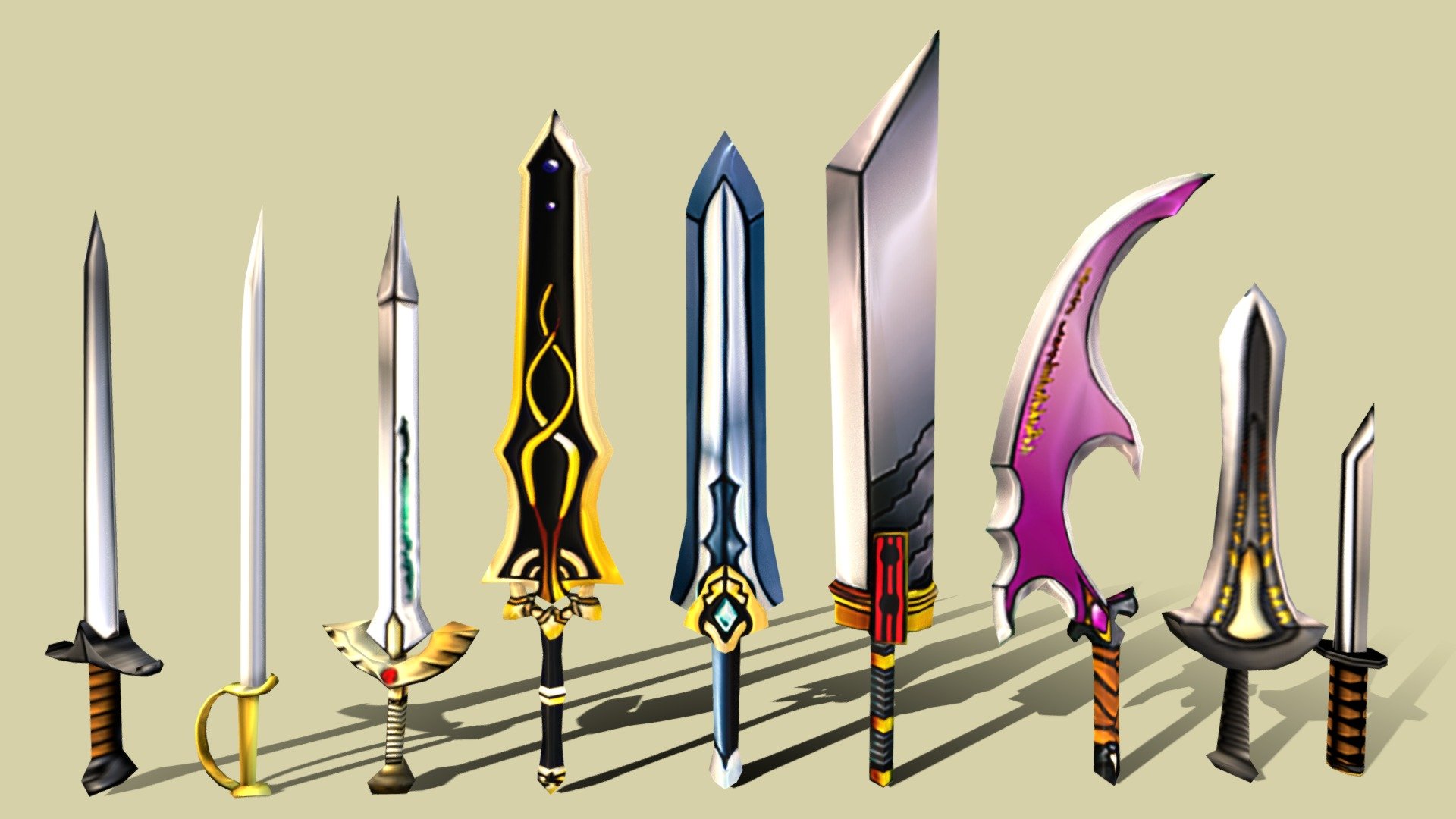 9 swords pack (4 two-handed / 5 one-handed)

1529 tris in total (the 9 swords)

Albedo / NM / AO / Metallic

origins on hand point

Doubts or budgets to =&gt; leo.alivenergy@gmail.com or http://www.fastskillteam.com/
 - Ultra Low Poly Swords Pack - Download Free 3D model by Leonardo Carvalho (@livrosparacriancas) 3d model