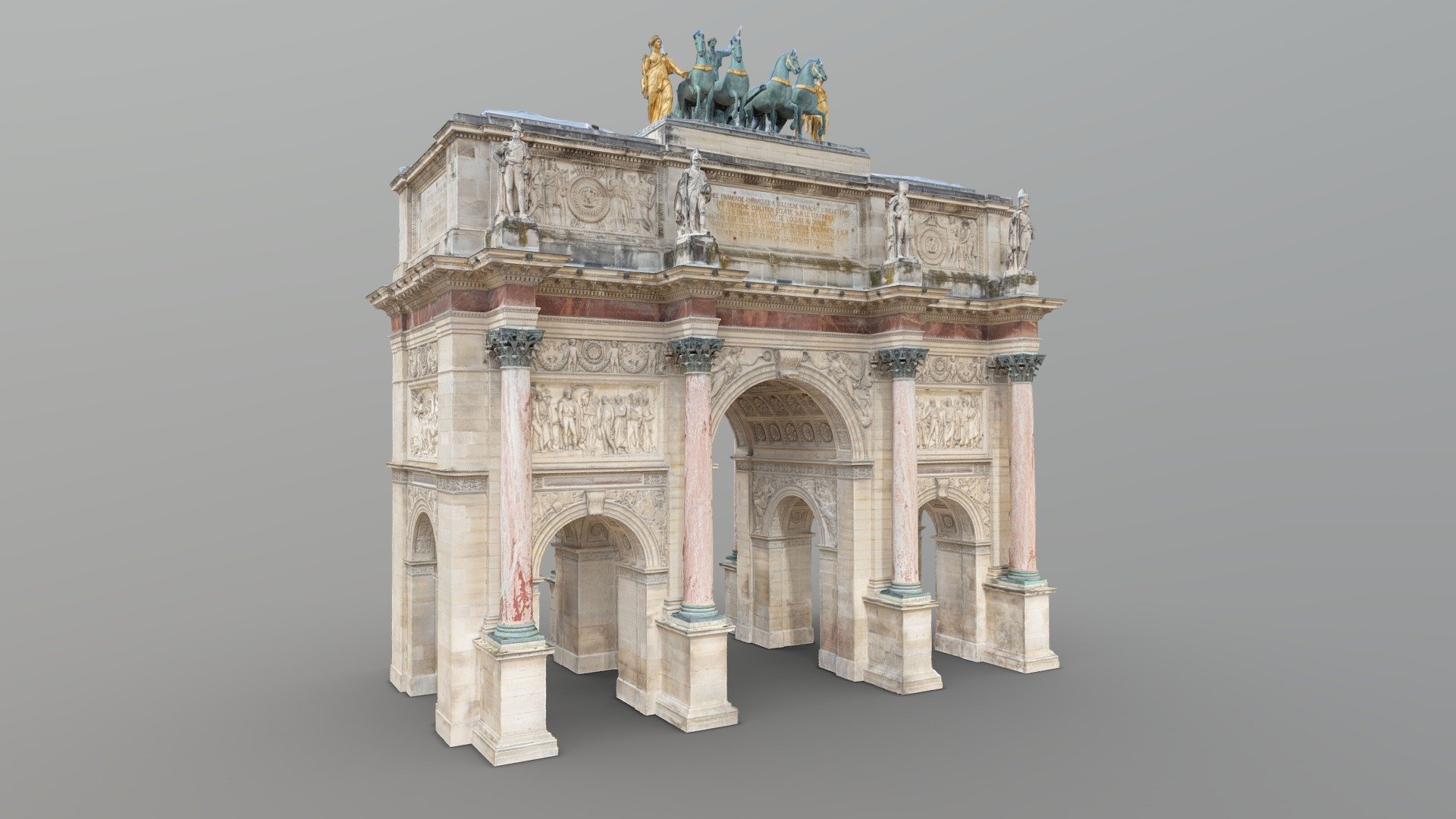 High poly photogrammetry model of the Arc de triomphe du Carrousel in Paris. It was built between 1806 and 1808 to commemorate Napoleon's military victories in the Wars of the Third and Fourth Coalitions (source: wikipedia). It is located near the Louvre Pyramid in the place du Carrousel. 

Reconstructed with Reality Capture (738 images from the ground).

8k and 16k textures (diffuse and normal).

Formats: .dae, .fbx, .stl, .obj - Arc de Triomphe du Carrousel, Louvre - Buy Royalty Free 3D model by Nicolas Diolez (@nicolasdiolez) 3d model