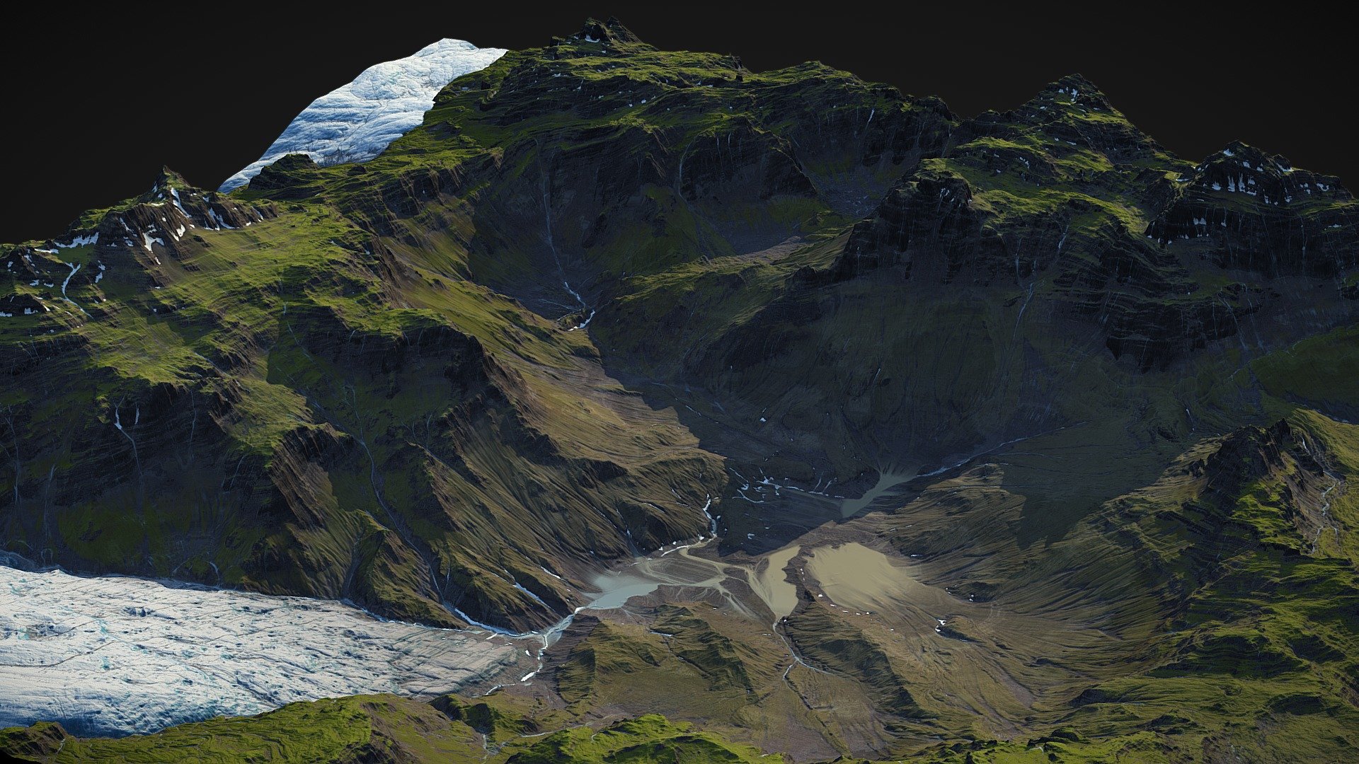 Fully Procedural Landscape created in World Machine.

included 4k textures - COLOR  NORMAL  LIGHT_1  LIGHT_2  SNOW MASK  WATER MASK

Ready for game or render!

Other assets on https://gamewarming.com/ - Iceland Mountains Landscape - Buy Royalty Free 3D model by gamewarming 3d model