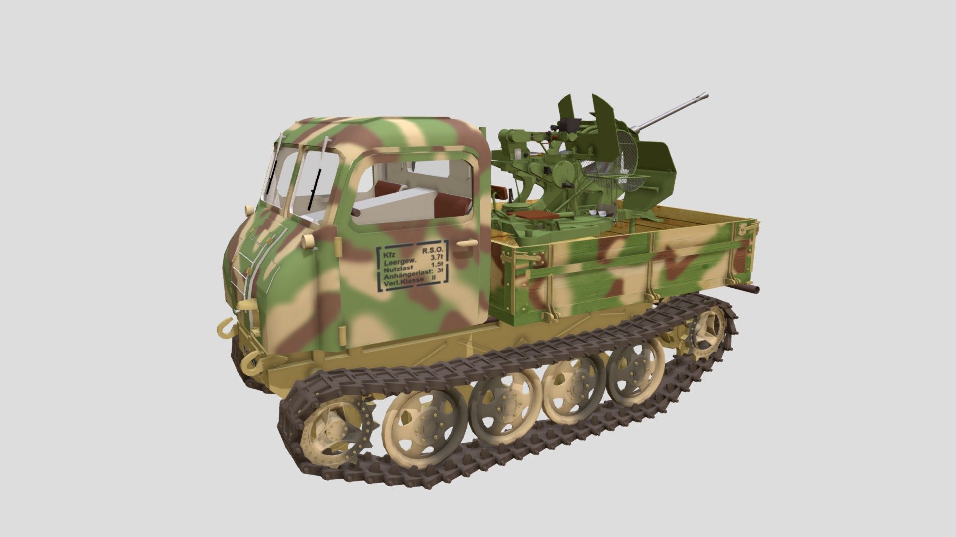 Raupenschlepper Ost (German: “Caterpillar Tractor East”, more commonly abbreviated to RSO) was a fully tracked, lightweight vehicle used by the Wehrmacht in World War II.

二戰德國東線全地形載重牽引車，安裝Flak 38防空炮的版本，製作R.S.O.載重車的系列作之一。 - Steyr RSO mit Flak 38 - 3D model by Basic Hsu (@Hsu.Pei.Ge) 3d model