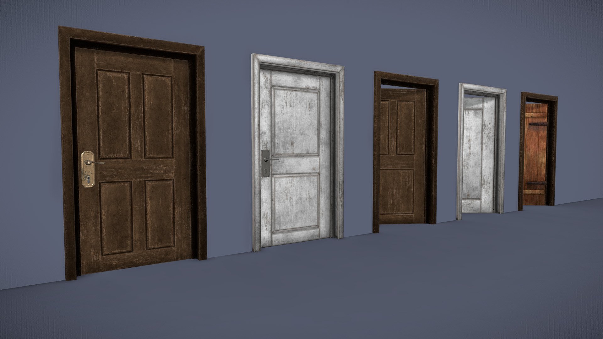 Set of door models initially created for a personal project. Textures are atlased, with painted and polished wood versions having their own sets. Frame models take from the existing materials to retain stylistic consistency as well as saving on draw calls. Also includes modular knobs/handles and plates.

The dimensions of the various modules were designed with modularity in mind. I wanted to be able to slot any door to any frame and any handle onto any door in order to improve efficiency. Additionally in my own Unity implementation, the seperation between the door handles and the plates allow animation using transforms.

Modelled using Blender, textured in Substance Painter, with additional processing in Substance Designer and Photoshop.

On purchase includes a .blend file. FBX of each modular element, and texture sets (specular and metallic, but tweaking may be needed regardless) 3d model