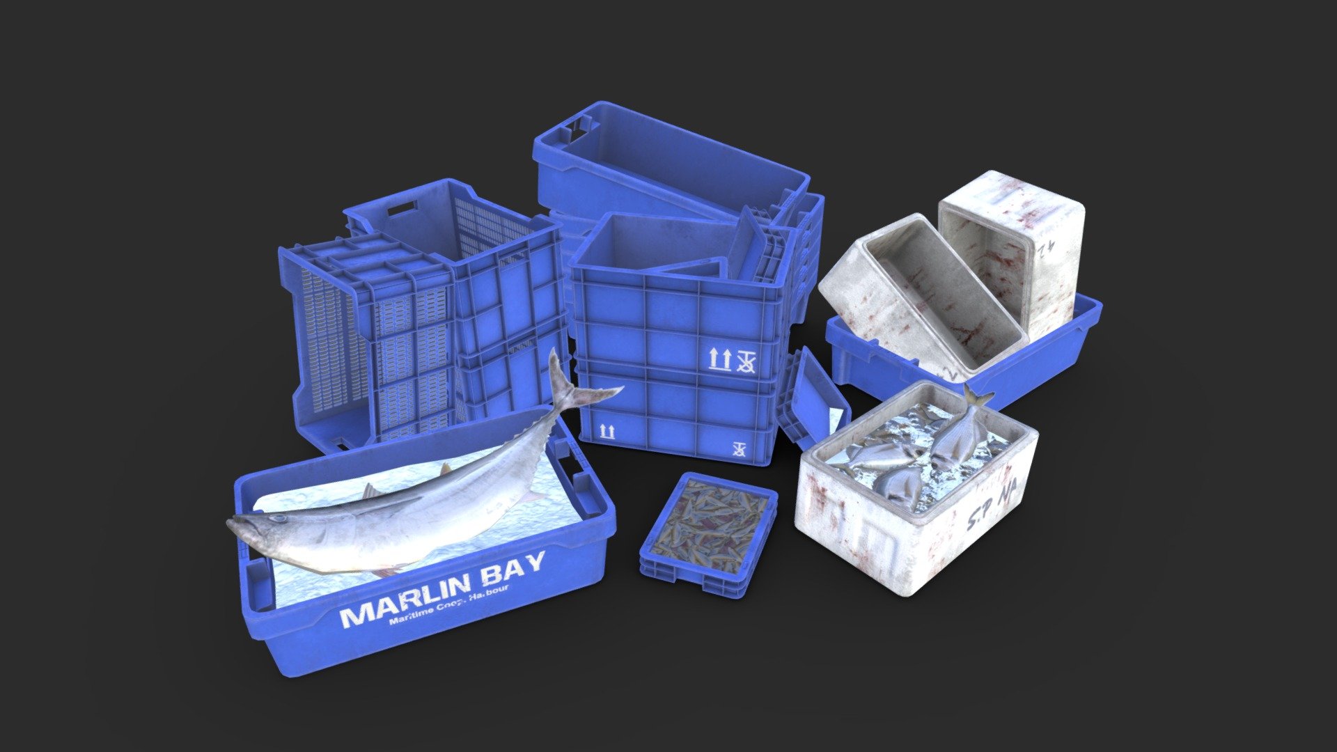 This fishing crates includes 4 LODs and colliders to be ready for game and available in lowpoly and PBR ready. This big pack includes a total of 44 objects (25 individuals &amp; 19 prefabs). The set is like a modular one to give you undreds of variants to make. Also, the crate material includes 6 Base Color variants (Blue, Red, Yellow, Orange, Green &amp; Grey).

This AAA game fisher crates &amp; fishes will embellish you scene and add more details which can help the gameplay and the game-design or level-design.

Low-poly model &amp; Blender native 3.4

SPECIFICATIONS




Objects : 44

Polygons : 19556

GAME SPECS




LODs : Yes (inside FBX for Unity &amp; Unreal)

Numbers of LODs : 4

Collider : Yes

EXPORTED FORMATS




FBX

Collada

OBJ

TEXTURES




Materials in scene : 2

Textures sizes : 4K for Crates &amp; 2K for Fishes

Textures types : Base Color, Metallic, Roughness, Normal (DirectX &amp; OpenGL), Heigh, AO (also Unity &amp; Unreal ARM workflow maps)

Textures format : PNG
 - Fishing Plastic Crates - Buy Royalty Free 3D model by KangaroOz 3D (@KangaroOz-3D) 3d model