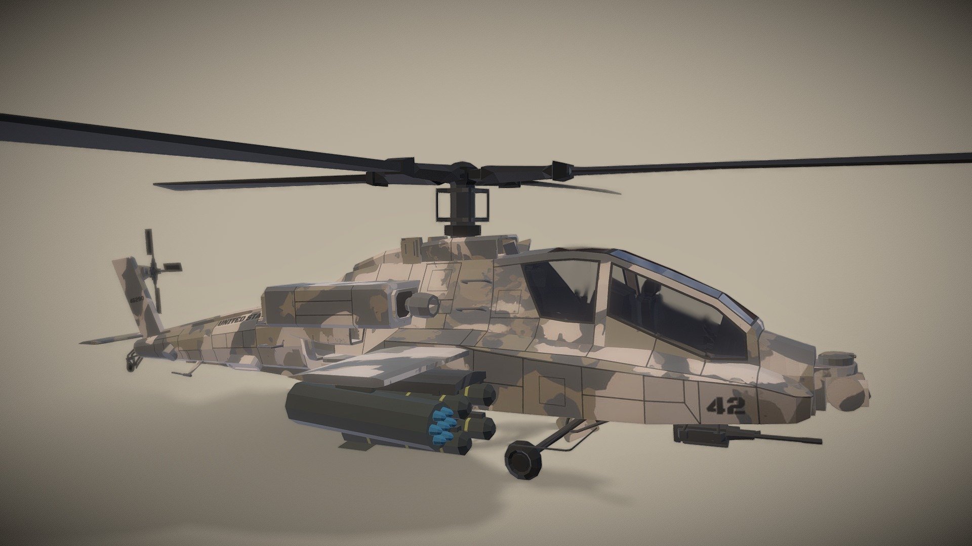 As a Special offer I am selling this model for only $5!  It's a 50% discount. 

I modeled this stylized AH-64 Apache in Blender and Textured it in Substance Painter for a retro Unity project to match the style of an existing kit created by Synty with a few minor modifications for functionality. The model includes an M230 Bushmaster Chain Gun, Hydra-70 2.75-inch rockets, and HELLFIRE missiles.  It's highly optimized and suitable for mobile, AR, and VR applications.  Alternate materials available upon request.  Contact me here on sketchfab or you can visit my website https://bonnieartsimeone.wixsite.com/my-site to request other material options. The source .blend file can also be made available for a small fee.  

Here is a link to the asset package sold by Synty.  https://syntystore.com/products/polygon-military-pack?_pos=1&amp;_sid=fb725b33c&amp;_ss=r 3d model