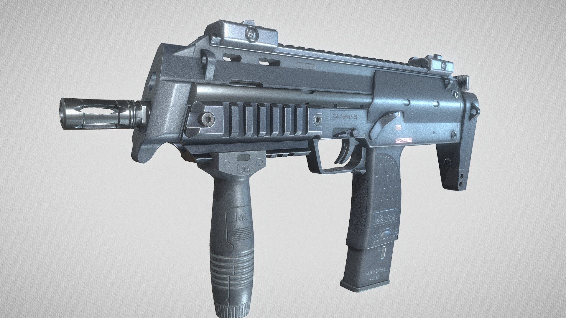 Hello, this model of Heckler &amp; Koch compact, lightweight submachine gun MP7 A2 has:

10268 tris
one 4k PBR texture.

Model is rigged and has custom shape bones . Mirrored UV on unnoticeable parts 3d model
