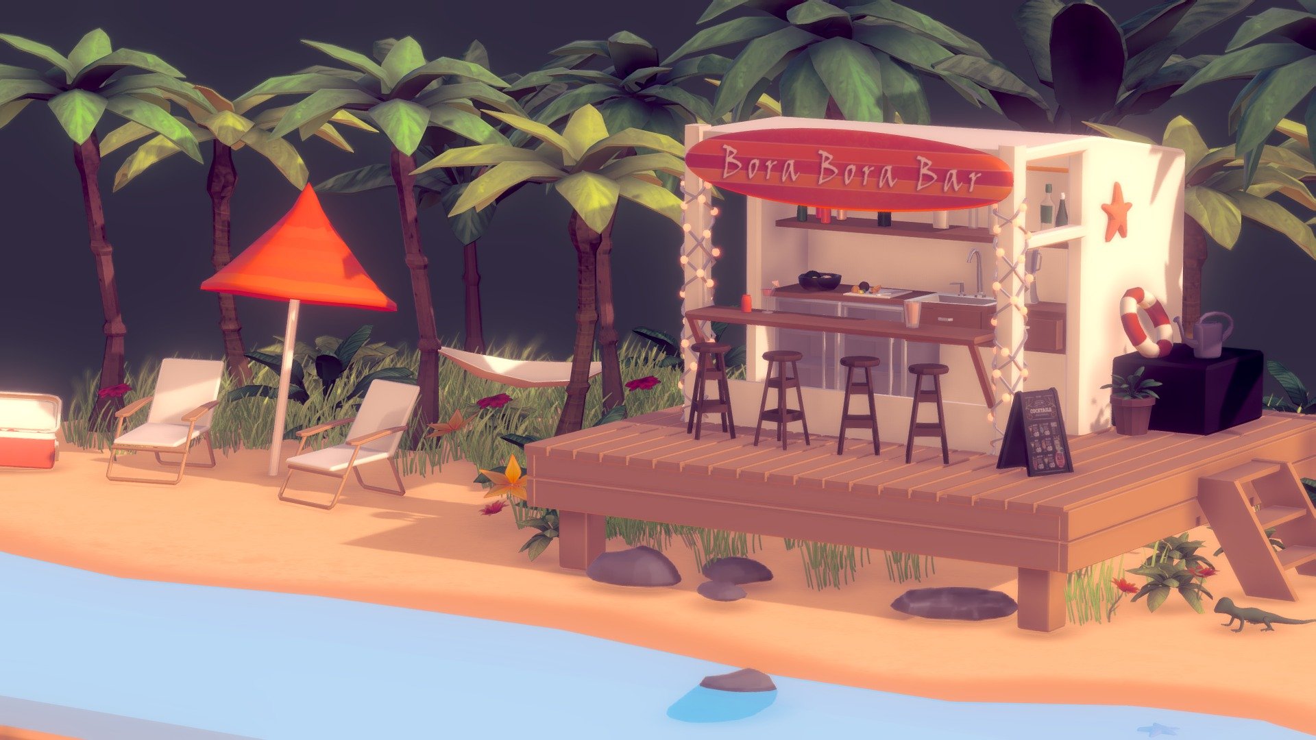 Tropical beach scene made with Maya and Photoshop! 
Animated water available on Artstation - www.artstation.com/victoriareinhold - Tropical Beach - 3D model by Victoria Reinhold (@reinhold) 3d model