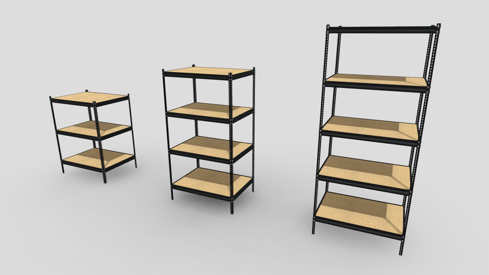 This is a collection of my heavy-duty metal shelves that were created using Blender. It comes with three shelves with different heights.

Features:


Each model uses metalness workflow and is PBR ready
Includes PBR 4K textures in PNG format
Includes UVLayout textures to show how each model has been unwrapped
Each model uses diffuse texture with an alpha channel
Overlapping UVs used for mirrored/duplicate objects to save texture space
All textures are editable and customizable
Each object has been manually unwrapped with matching PBR textures
Native blend file is included with pre-applied textures
Each model has been exported in 4 file formats (FBX, OBJ, GLTF, DAE/Collada)

Included Texture Types:


AO, Diffuse, Diffuse(Alpha), Roughness, Gloss, Metallic
UVLayout

The source file is uploaded in FBX format and is used for demonstration. In the additional file you will find all model exports and the textures that go along with them 3d model