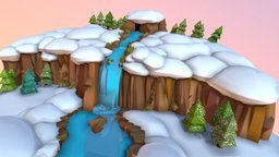 Winter in the Hallelujah Mountains trees, avatar, river, snow, island, floating, waterfall, lowpoly, rock