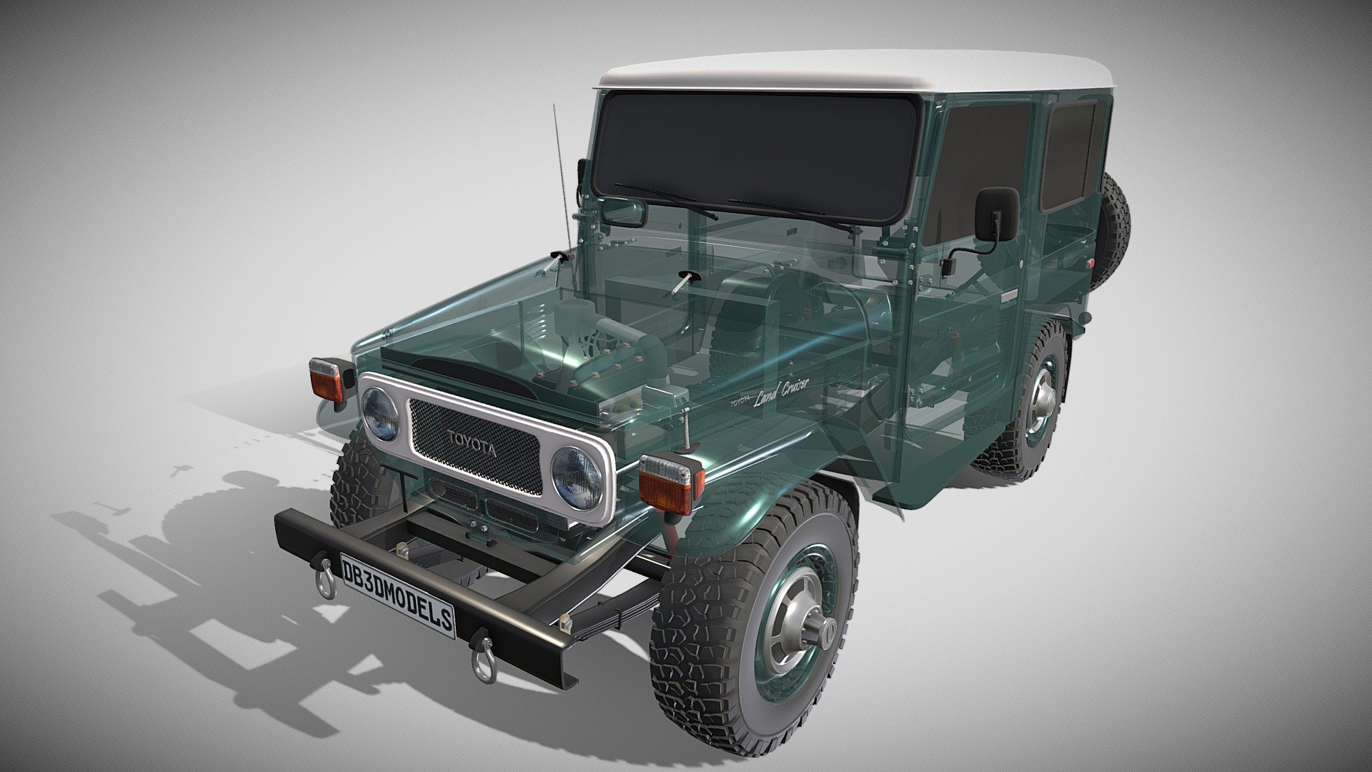 Toyota Land Cruiser Fj-40 with full chassis (motor setup, transmission, brakes, linkages, suspension, steering) 3d model rendered with Cycles in Blender, as per seen on attached images.

File formats:
-.blend, rendered with cycles, as seen in the images;
-.blend, rendered with cycles, with a see-through of the chassis, as seen in the images;
-.obj, with materials applied;
-.dae, with materials applied;
-.fbx, with material slots applied;
-.stl;

Files come named appropriately and split by file format.

3D Software:
The 3D model was originally created in to Blender 2.79 and rendered with Cycles.

Materials and textures:
The models have materials applied in all formats, and are ready to import and render.
The models come with no image textures as everything is material based.

Preview scenes:
The preview images are rendered in Blender using its built-in render engine &lsquo;Cycles' 3d model