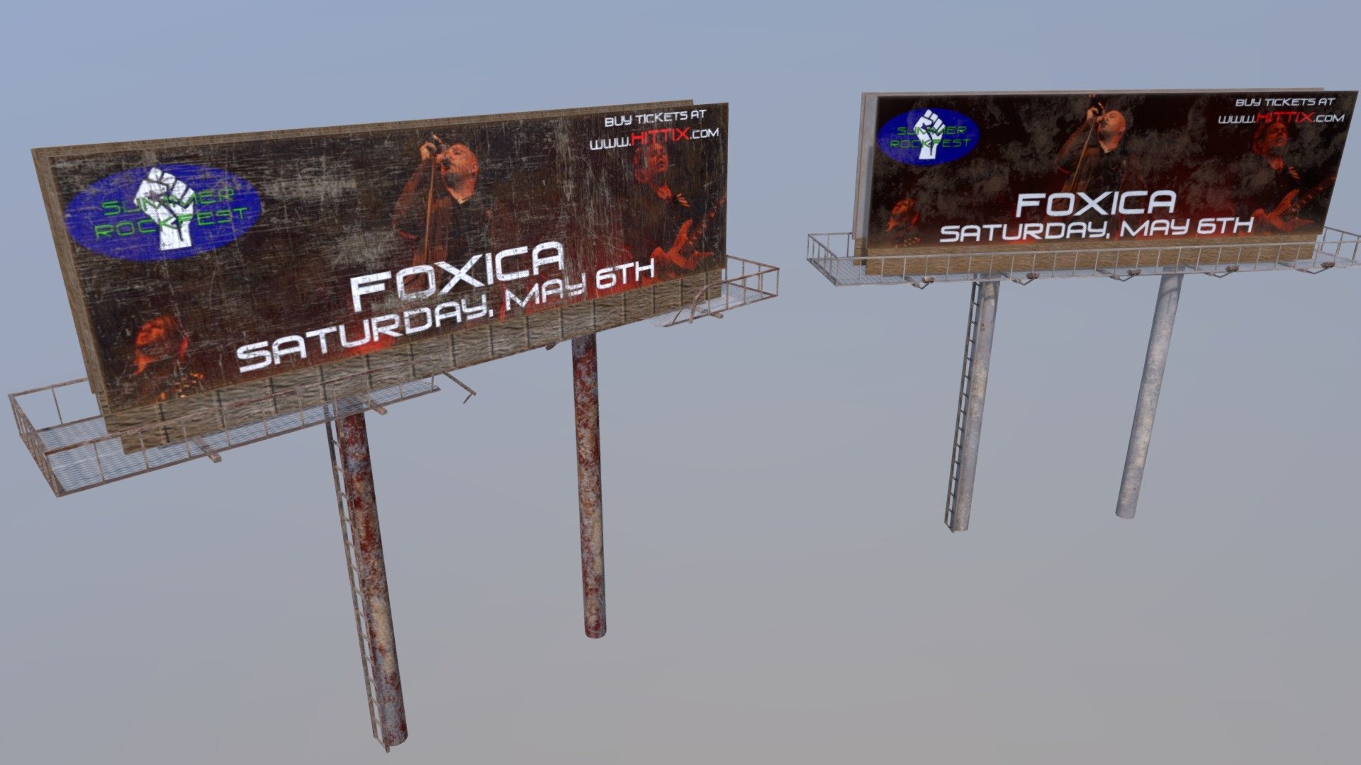 Created a matching set of billboards for highway usage. Created one that was starting to fail, and the other that was modelled to be brand new 3d model