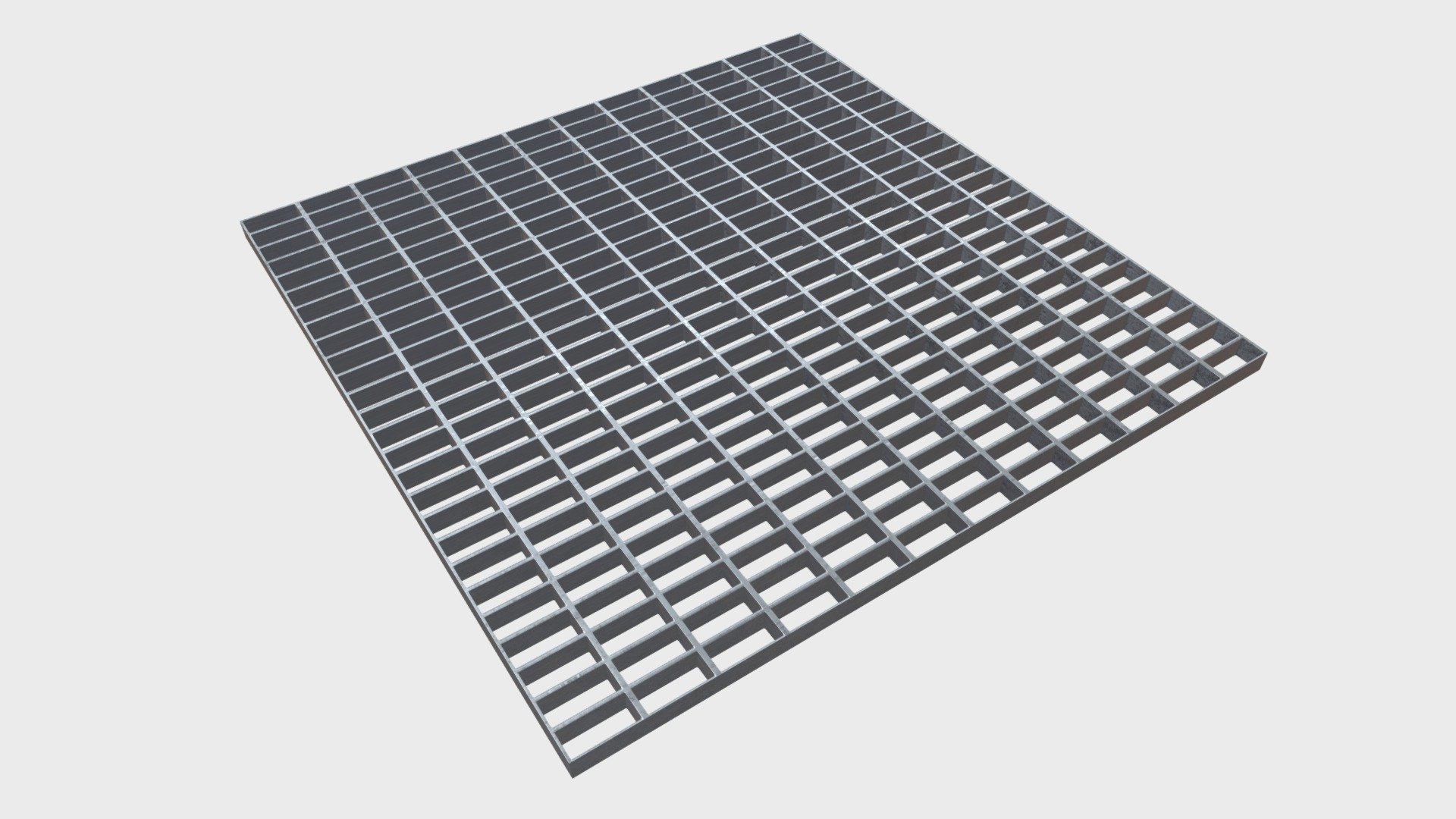 === The following description refers to the additional ZIP package provided with this model ===

Open mesh steel grating flooring modular 3D Model. Production-ready 3D Model, with PBR materials, textures, non overlapping UV Layout map provided in the package.

Quads only geometries (no tris/ngons).

Formats included: FBX, OBJ; scenes: BLEND (with Cycles / Eevee materials); other: png with Alpha.

1 Object (mesh), 1 PBR Material, UV unwrapped (non overlapping UV Layout map provided in the package); UV-mapped Textures.

UV Layout maps and Image Textures resolutions: 2048x2048; PBR Textures made with Substance Painter.

Polygonal, QUADS ONLY (no tris/ngons); 91470 vertices, 92092 quad faces (184184 tris).

Real world dimensions; scene scale units: cm in Blender (that is: Metric with 0.01 scale).

Uniform scale object (scale applied in Blender) 3d model