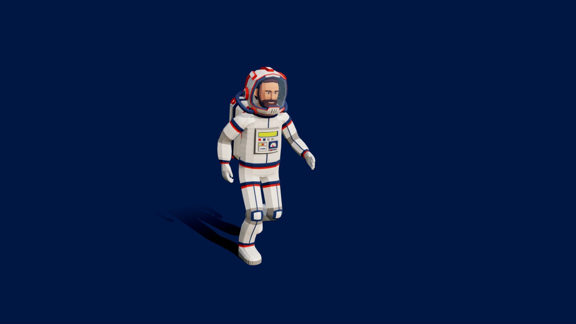 The low-poly stylized astronaut was made in Blender 3D and features a great rig with facial animation controlled by just two bones. Five animations are included as examples for this low-poly astronaut in a spacesuit, but you can easily create any other poses and animations for this character.

This astronaut in a spacesuit uses a standard set of textures including base color, normal map, roughness map, metallic map, emissive map, and transparency map. This means you can import this model into different 3D applications, such as Unity and others 3d model